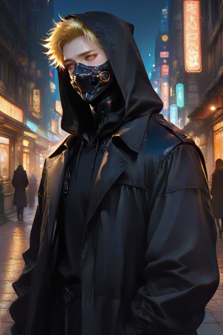 A handsome 16-year-old boy with yellow hair and intricate orange eyes,  wearing a black mask and a black hooded trench coa...
