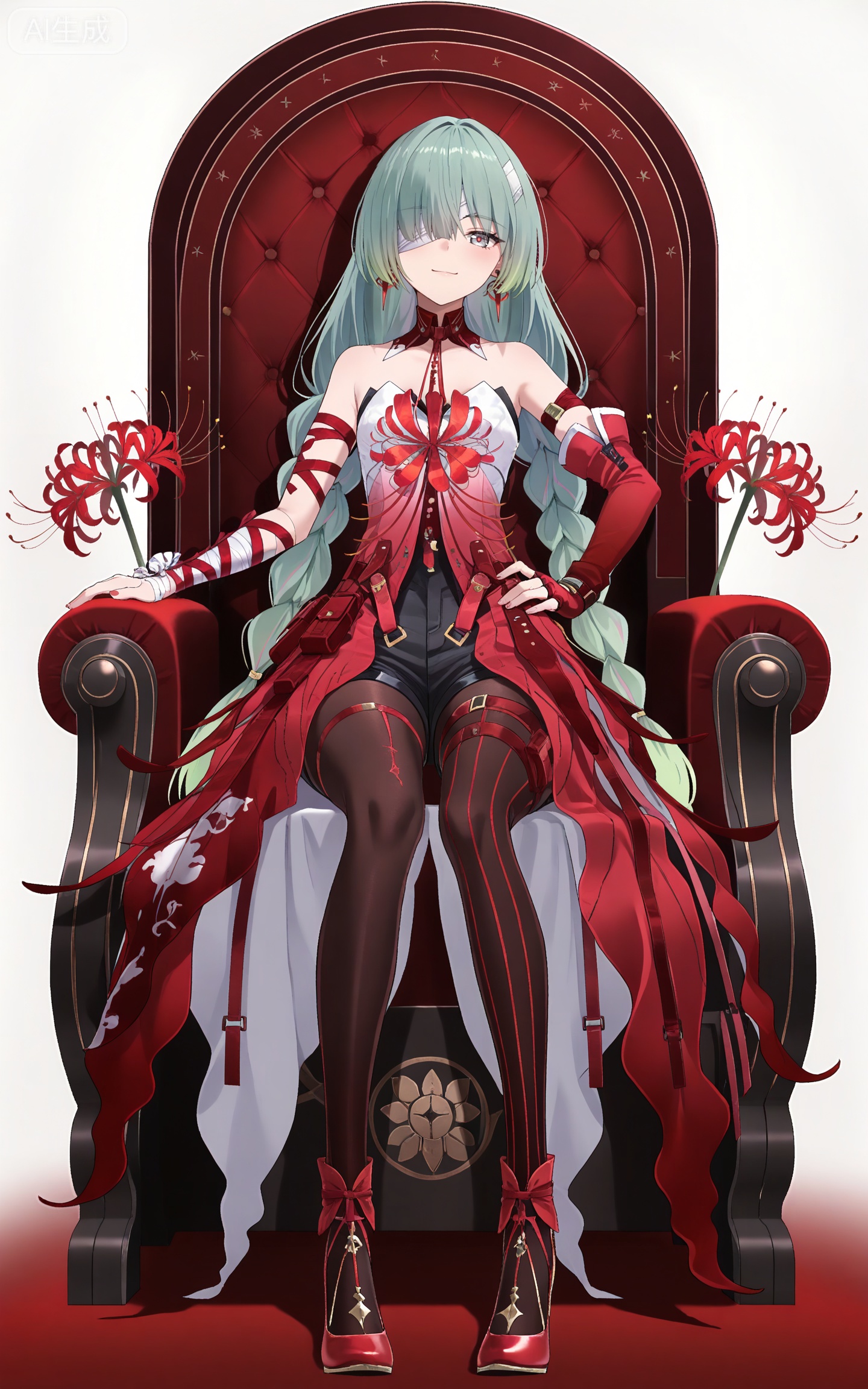 depth of field,masterpiece,best quality,very aesthetic,alternate costume,alternate costume,2024,2023,perfect composition,ultra-detailed,extreme aesthetic,masterpiece,best quality,good quality,newest,year 2024,year 2023,very aesthetic,absurdres,looking_at_viewer,colorful,
bandage over one eye,braided ponytail,green hair,long hair,gradient hair,multicolored hair,red hair,grey eyes,red pupils,twin braids,very long hair,full red dress,rulolo strapless dress,fulolo arm ribbon,fulolo bandaged arm,fulolo red elbow gloves,fulolo fingerless gloves,fulolo red high heels,fulolo bow high heels,fulolo pantyhose,fulolo red rope,fulolo asymmetrical legwear,fulolo mismatched legwear,1girl,solo,full body,looking at viewer,earrings,jewelry,bare shoulders,smile,ribbon,simple background,closed mouth,red ribbon,fulolo thigh strap,hand on hip,white_background,cover,black shorts,sitting,throne,spider_lily,red theme,