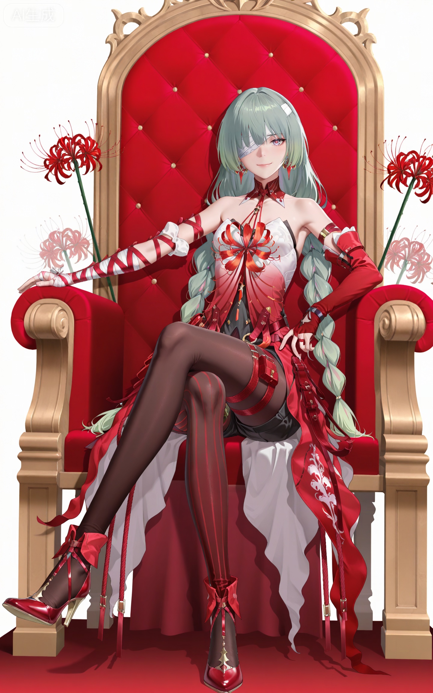 masterpiece,high quality,tall,game cg,highres,(soft light:1.2),(white_skin:0.6),(shiny_skin:0.6),(realistic:1.1),lvjing,
bandage over one eye,braided ponytail,green hair,long hair,gradient hair,multicolored hair,red hair,grey eyes,red pupils,twin braids,very long hair,full red dress,rulolo strapless dress,fulolo arm ribbon,fulolo bandaged arm,fulolo red elbow gloves,fulolo fingerless gloves,fulolo red high heels,fulolo bow high heels,fulolo pantyhose,fulolo red rope,fulolo asymmetrical legwear,fulolo mismatched legwear,1girl,solo,full body,looking at viewer,earrings,jewelry,bare shoulders,smile,ribbon,simple background,closed mouth,red ribbon,fulolo thigh strap,hand on hip,white_background,cover,black shorts,sitting,throne,spider_lily,red theme,
