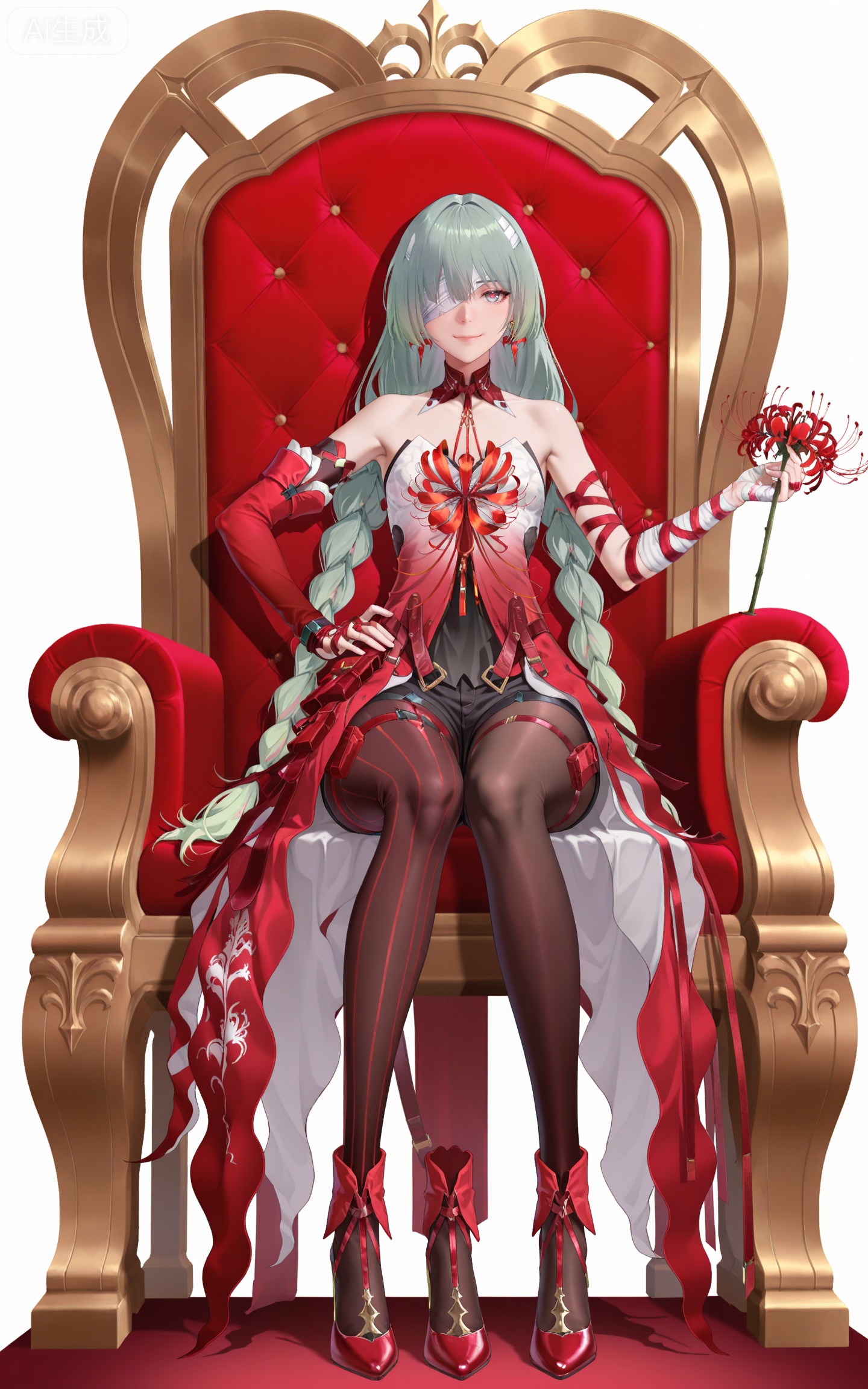 masterpiece,high quality,tall,game cg,highres,(soft light:1.2),(white_skin:0.6),(shiny_skin:0.6),(realistic:1.1),lvjing,
bandage over one eye,braided ponytail,green hair,long hair,gradient hair,multicolored hair,red hair,grey eyes,red pupils,twin braids,very long hair,full red dress,rulolo strapless dress,fulolo arm ribbon,fulolo bandaged arm,fulolo red elbow gloves,fulolo fingerless gloves,fulolo red high heels,fulolo bow high heels,fulolo pantyhose,fulolo red rope,fulolo asymmetrical legwear,fulolo mismatched legwear,1girl,solo,full body,looking at viewer,earrings,jewelry,bare shoulders,smile,ribbon,simple background,closed mouth,red ribbon,fulolo thigh strap,hand on hip,white_background,cover,black shorts,sitting,throne,spider_lily,red theme,
