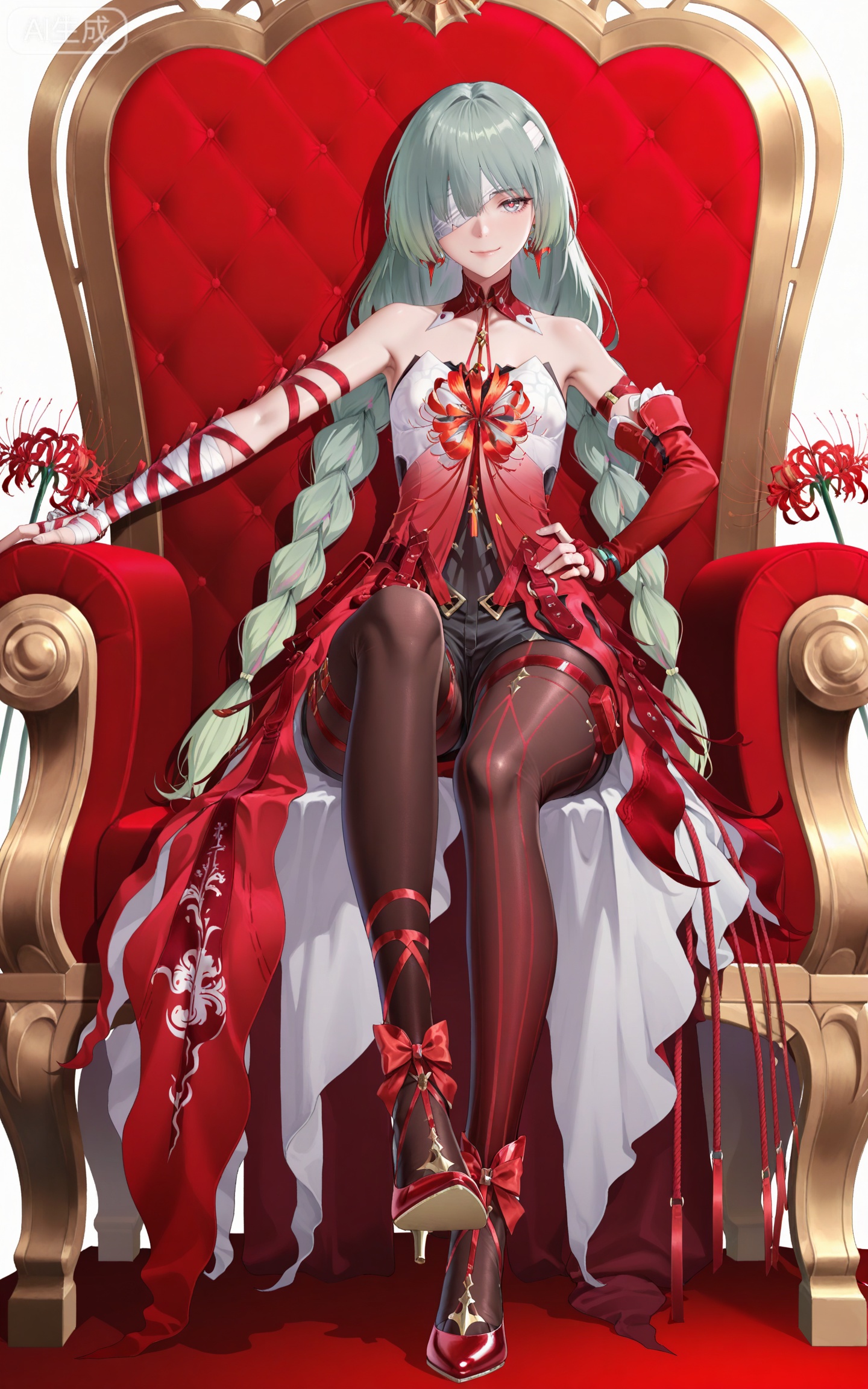 masterpiece,high quality,tall,game cg,highres,(soft light:1.2),(white_skin:0.6),(shiny_skin:0.6),(realistic:1.1),lvjing,
bandage over one eye,braided ponytail,green hair,long hair,gradient hair,multicolored hair,red hair,grey eyes,red pupils,twin braids,very long hair,full red dress,rulolo strapless dress,fulolo arm ribbon,fulolo bandaged arm,fulolo red elbow gloves,fulolo fingerless gloves,fulolo red high heels,fulolo bow high heels,fulolo pantyhose,fulolo red rope,fulolo asymmetrical legwear,fulolo mismatched legwear,1girl,solo,full body,looking at viewer,earrings,jewelry,bare shoulders,smile,ribbon,simple background,closed mouth,red ribbon,fulolo thigh strap,hand on hip,white_background,cover,black shorts,sitting,throne,spider_lily,red theme,

