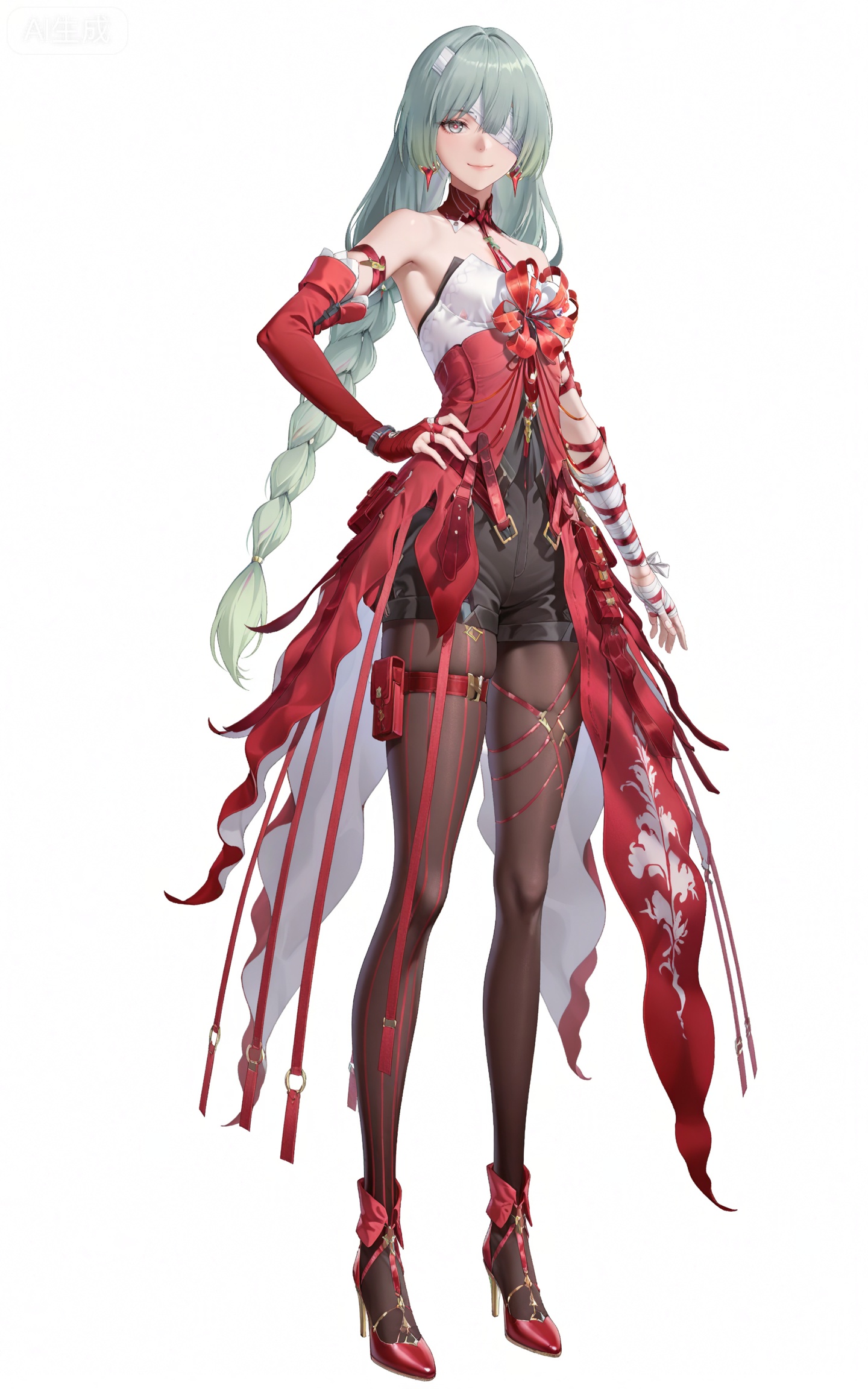 masterpiece,high quality,tall,game cg,highres,(soft light:1.2),(white_skin:0.6),(shiny_skin:0.6),(realistic:1.1),lvjing,,,bandage over one eye,braided ponytail,green hair,long hair,gradient hair,multicolored hair,red hair,grey eyes,red pupils,twin braids,very long hair,full red dress,rulolo strapless dress,fulolo arm ribbon,fulolo bandaged arm,fulolo red elbow gloves,fulolo fingerless gloves,fulolo red high heels,fulolo bow high heels,fulolo pantyhose,fulolo red rope,fulolo asymmetrical legwear,fulolo mismatched legwear,1girl,solo,full body,looking at viewer,earrings,jewelry,bare shoulders,smile,standing,ribbon,simple background,closed mouth,red ribbon,fulolo thigh strap,hand on hip,white_background,cover,black shorts,
