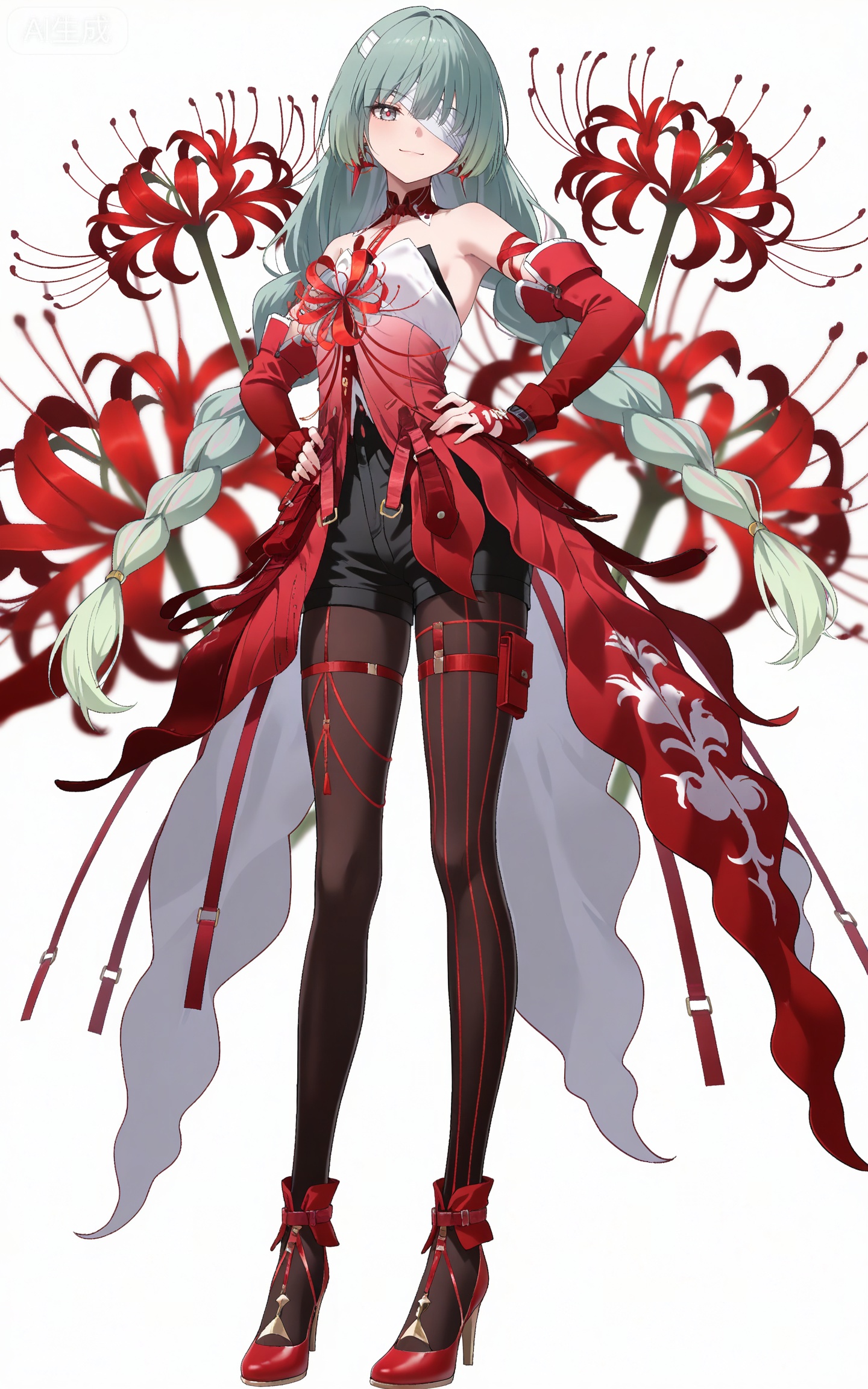 depth of field,masterpiece,best quality,very aesthetic,alternate costume,alternate costume,2024,2023,perfect composition,ultra-detailed,extreme aesthetic,masterpiece,best quality,good quality,newest,year 2024,year 2023,very aesthetic,absurdres,looking_at_viewer,colorful,
(bandage over one eye:1.2),braided ponytail,green hair,long hair,gradient hair,multicolored hair,red hair,grey eyes,red pupils,twin braids,very long hair,full red dress,rulolo strapless dress,fulolo arm ribbon,fulolo bandaged arm,fulolo red elbow gloves,fulolo fingerless gloves,fulolo red high heels,fulolo bow high heels,fulolo pantyhose,fulolo red rope,fulolo asymmetrical legwear,fulolo mismatched legwear,1girl,solo,full body,looking at viewer,earrings,jewelry,bare shoulders,smile,standing,ribbon,simple background,closed mouth,red ribbon,fulolo thigh strap,hand on hip,white_background,cover,black shorts,,spider_lily,red theme,posing,