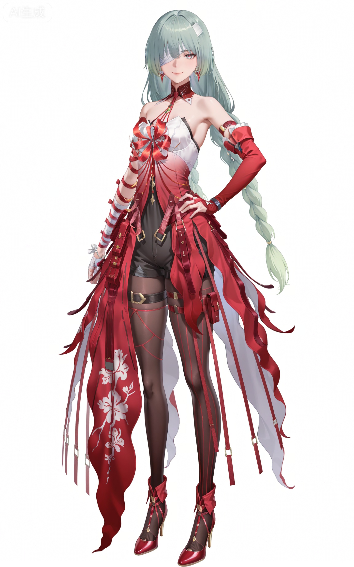 masterpiece,high quality,tall,game cg,highres,(soft light:1.2),(white_skin:0.6),(shiny_skin:0.6),(realistic:1.1),lvjing,,,bandage over one eye,braided ponytail,green hair,long hair,gradient hair,multicolored hair,red hair,grey eyes,red pupils,twin braids,very long hair,full red dress,rulolo strapless dress,fulolo arm ribbon,fulolo bandaged arm,fulolo red elbow gloves,fulolo fingerless gloves,fulolo red high heels,fulolo bow high heels,fulolo pantyhose,fulolo red rope,fulolo asymmetrical legwear,fulolo mismatched legwear,1girl,solo,full body,looking at viewer,earrings,jewelry,bare shoulders,smile,standing,ribbon,simple background,closed mouth,red ribbon,fulolo thigh strap,hand on hip,white_background,cover,black shorts,