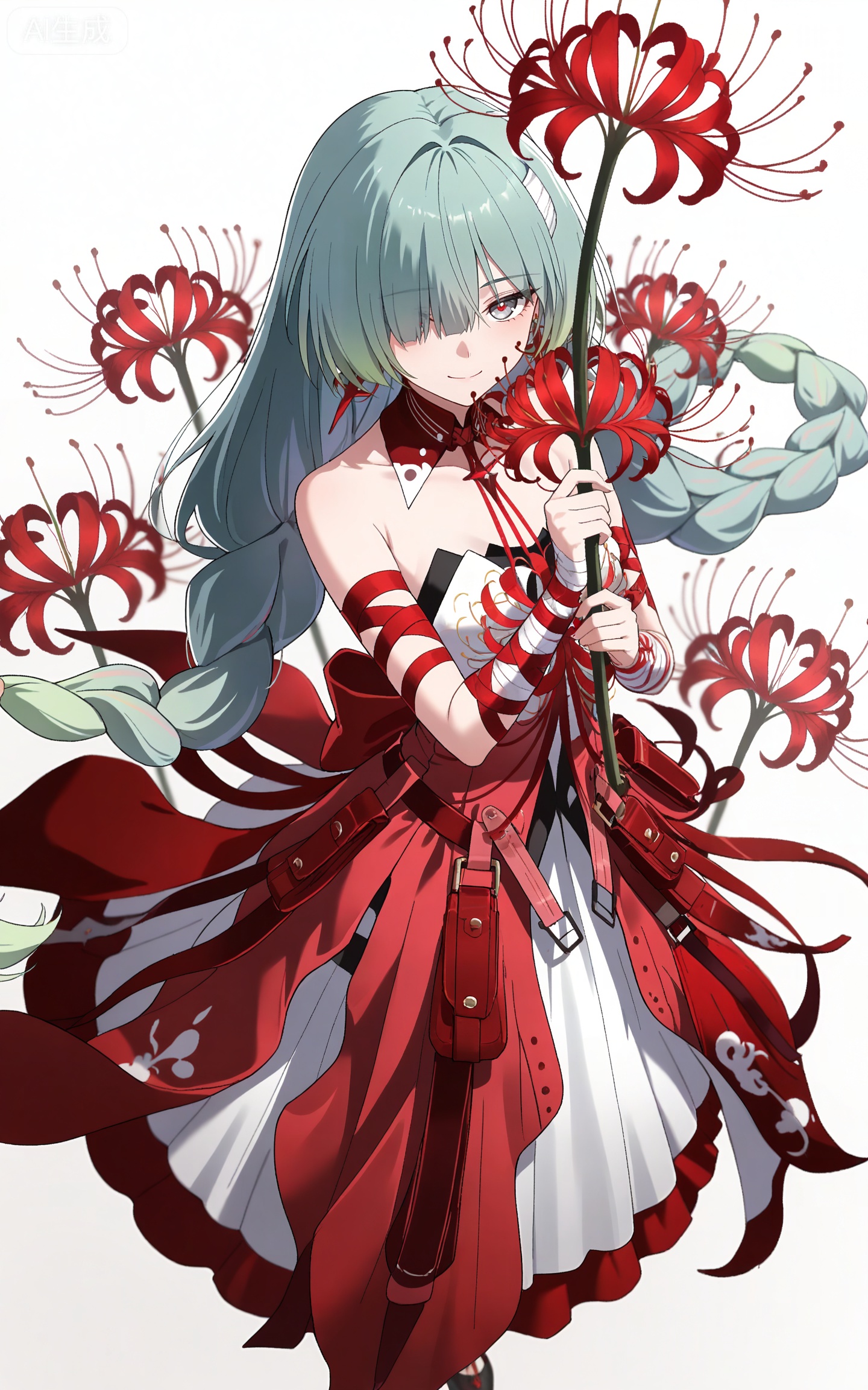 depth of field,masterpiece,best quality,very aesthetic,alternate costume,alternate costume,2024,2023,perfect composition,ultra-detailed,extreme aesthetic,masterpiece,best quality,good quality,newest,year 2024,year 2023,very aesthetic,absurdres,looking_at_viewer,colorful,
bandage over one eye,braided ponytail,green hair,long hair,gradient hair,multicolored hair,red hair,grey eyes,red pupils,twin braids,very long hair,full red dress,rulolo strapless dress,fulolo arm ribbon,fulolo bandaged arm,fulolo red rope,1girl,solo,full body,looking at viewer,earrings,jewelry,bare shoulders,smile,ribbon,simple background,closed mouth,red ribbon,white_background,cover,spider_lily,red theme,upper_body,holding spider lily,