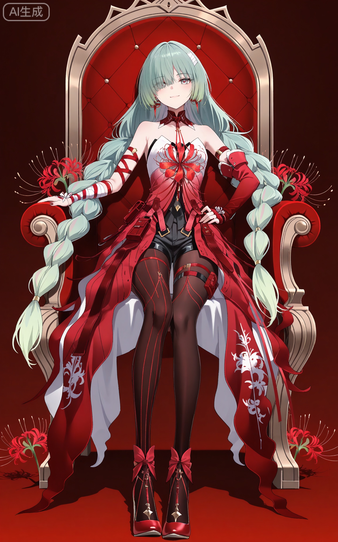 depth of field,masterpiece,best quality,very aesthetic,alternate costume,alternate costume,2024,2023,perfect composition,ultra-detailed,extreme aesthetic,masterpiece,best quality,good quality,newest,year 2024,year 2023,very aesthetic,absurdres,looking_at_viewer,colorful,
bandage over one eye,braided ponytail,green hair,long hair,gradient hair,multicolored hair,red hair,grey eyes,red pupils,twin braids,very long hair,full red dress,rulolo strapless dress,fulolo arm ribbon,fulolo bandaged arm,fulolo red elbow gloves,fulolo fingerless gloves,fulolo red high heels,fulolo bow high heels,fulolo pantyhose,fulolo red rope,fulolo asymmetrical legwear,fulolo mismatched legwear,1girl,solo,full body,looking at viewer,earrings,jewelry,bare shoulders,smile,ribbon,simple background,closed mouth,red ribbon,fulolo thigh strap,hand on hip,white_background,cover,black shorts,sitting,throne,spider_lily,red theme,