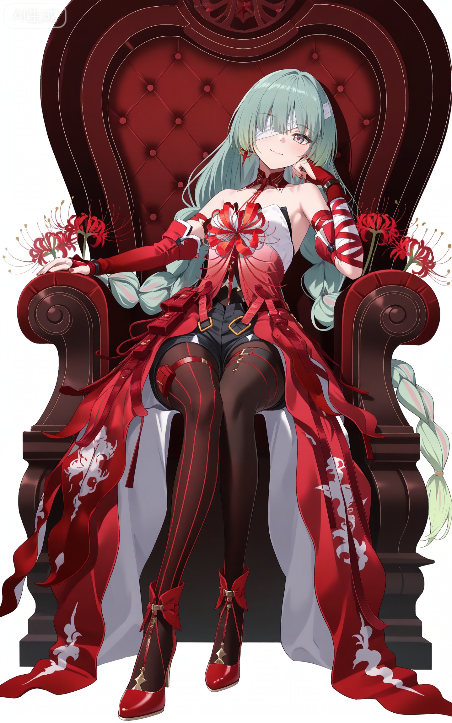 depth of field,masterpiece,best quality,very aesthetic,alternate costume,alternate costume,2024,2023,perfect composition,ultra-detailed,extreme aesthetic,masterpiece,best quality,good quality,newest,year 2024,year 2023,very aesthetic,absurdres,looking_at_viewer,colorful,
(bandage over one eye:1.2),braided ponytail,green hair,long hair,gradient hair,multicolored hair,red hair,grey eyes,red pupils,twin braids,very long hair,full red dress,rulolo strapless dress,fulolo arm ribbon,fulolo bandaged arm,fulolo red elbow gloves,fulolo fingerless gloves,fulolo red high heels,fulolo bow high heels,fulolo pantyhose,fulolo red rope,fulolo asymmetrical legwear,fulolo mismatched legwear,1girl,solo,full body,looking at viewer,earrings,jewelry,bare shoulders,smile,ribbon,simple background,closed mouth,red ribbon,fulolo thigh strap,white_background,cover,black shorts,sitting,throne,spider_lily,red theme,