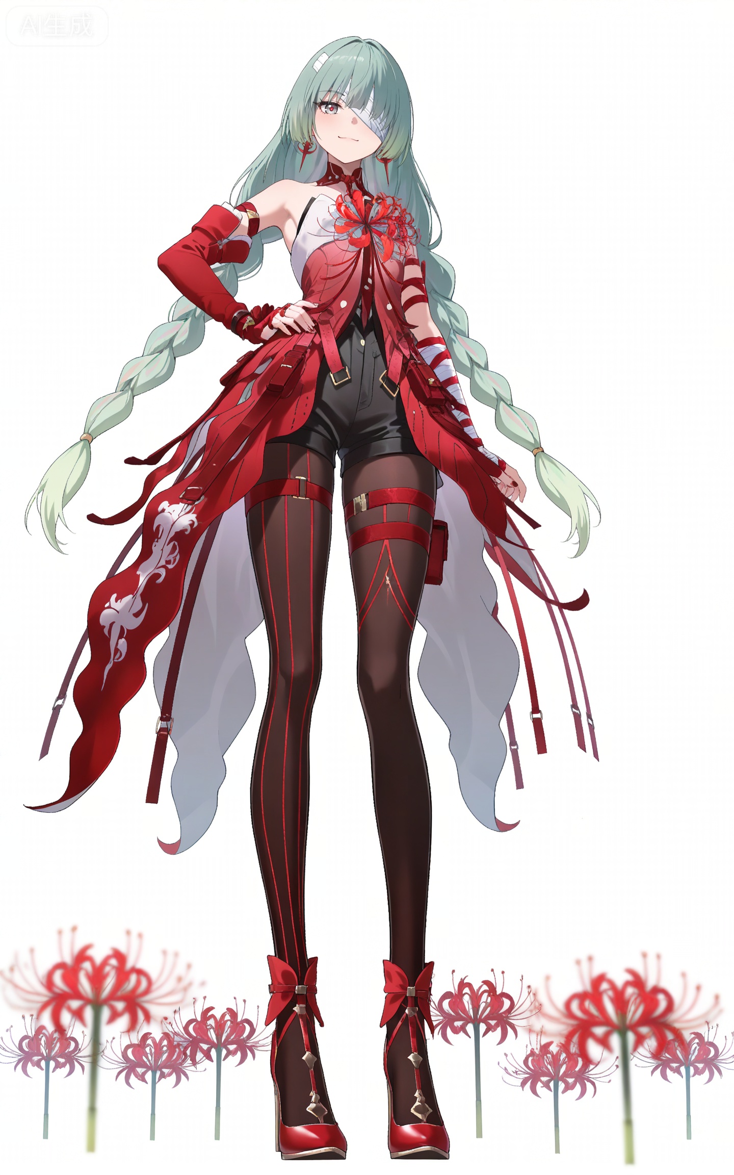 depth of field,masterpiece,best quality,very aesthetic,alternate costume,alternate costume,2024,2023,perfect composition,ultra-detailed,extreme aesthetic,masterpiece,best quality,good quality,newest,year 2024,year 2023,very aesthetic,absurdres,looking_at_viewer,colorful,
(bandage over one eye:1.2),braided ponytail,green hair,long hair,gradient hair,multicolored hair,red hair,grey eyes,red pupils,twin braids,very long hair,full red dress,rulolo strapless dress,fulolo arm ribbon,fulolo bandaged arm,fulolo red elbow gloves,fulolo fingerless gloves,fulolo red high heels,fulolo bow high heels,fulolo pantyhose,fulolo red rope,fulolo asymmetrical legwear,fulolo mismatched legwear,1girl,solo,full body,looking at viewer,earrings,jewelry,bare shoulders,smile,standing,ribbon,simple background,closed mouth,red ribbon,fulolo thigh strap,hand on hip,white_background,cover,black shorts,,spider_lily,red theme,posing,