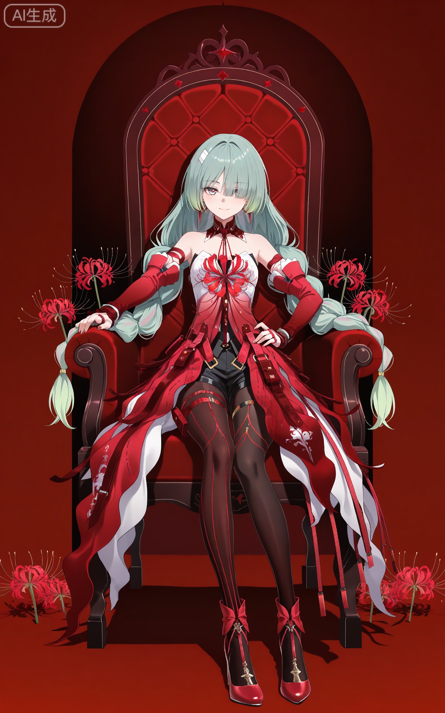 depth of field,masterpiece,best quality,very aesthetic,alternate costume,alternate costume,2024,2023,perfect composition,ultra-detailed,extreme aesthetic,masterpiece,best quality,good quality,newest,year 2024,year 2023,very aesthetic,absurdres,looking_at_viewer,colorful,
bandage over one eye,braided ponytail,green hair,long hair,gradient hair,multicolored hair,red hair,grey eyes,red pupils,twin braids,very long hair,full red dress,rulolo strapless dress,fulolo arm ribbon,fulolo bandaged arm,fulolo red elbow gloves,fulolo fingerless gloves,fulolo red high heels,fulolo bow high heels,fulolo pantyhose,fulolo red rope,fulolo asymmetrical legwear,fulolo mismatched legwear,1girl,solo,full body,looking at viewer,earrings,jewelry,bare shoulders,smile,ribbon,simple background,closed mouth,red ribbon,fulolo thigh strap,hand on hip,white_background,cover,black shorts,sitting,throne,spider_lily,red theme,