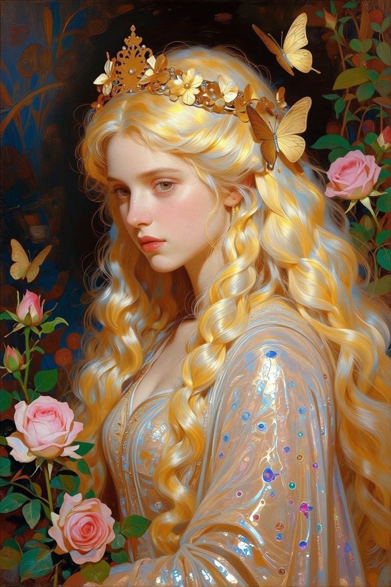 [oil painting of] The image depicts a highly detailed and stylized character with long,  voluminous blonde hair adorned wi...