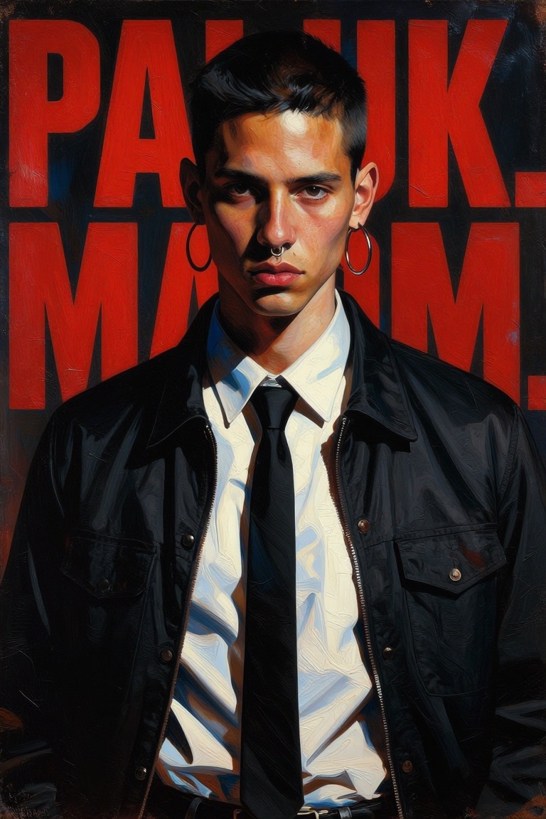 [oil painting of] The image features a person wearing a black jacket over a white shirt,  with a black tie. The person has...