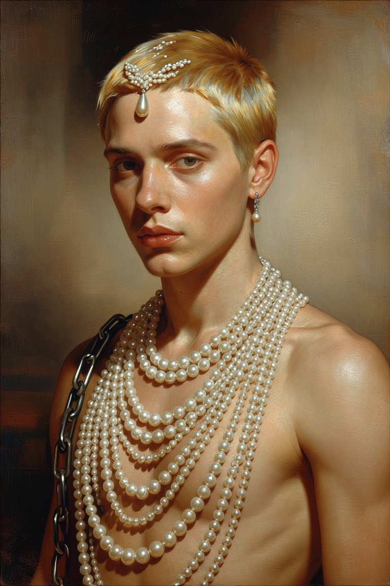 [oil painting of] The image depicts a person with short,  blonde hair adorned with a headpiece that features a small,  tea...