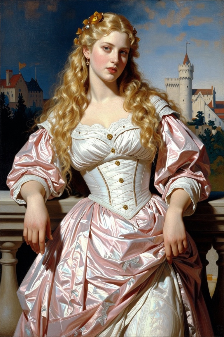 [oil painting of] a stunning woman with long blonde curly hair,  wearing a pink and white dress,  standing on a balcony ov...