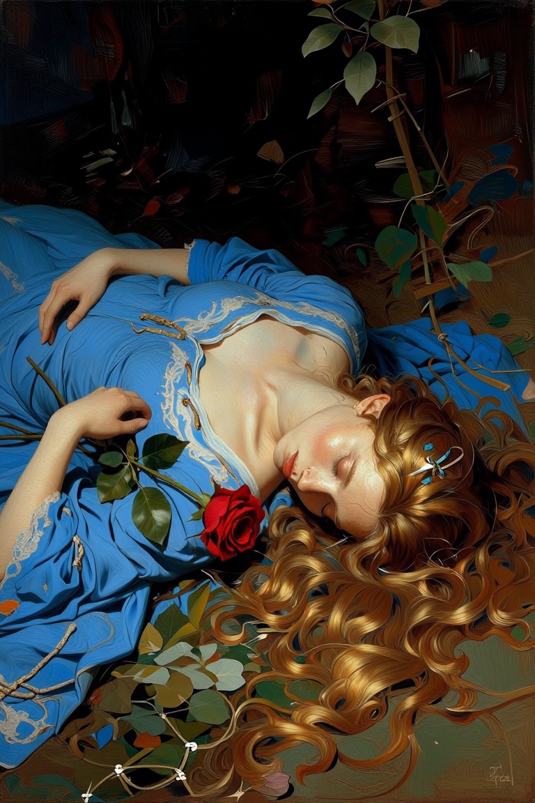 [oil painting of] The image depicts a person lying down,  dressed in a blue gown with lace detailing on the shoulders. The...