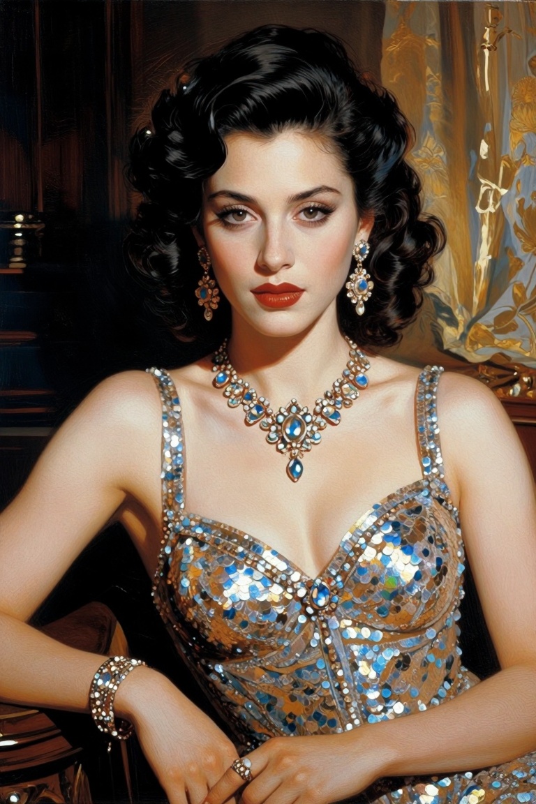 [oil painting of] The image depicts a person dressed in a glamorous,  sequined silver dress with thin straps. The individu...