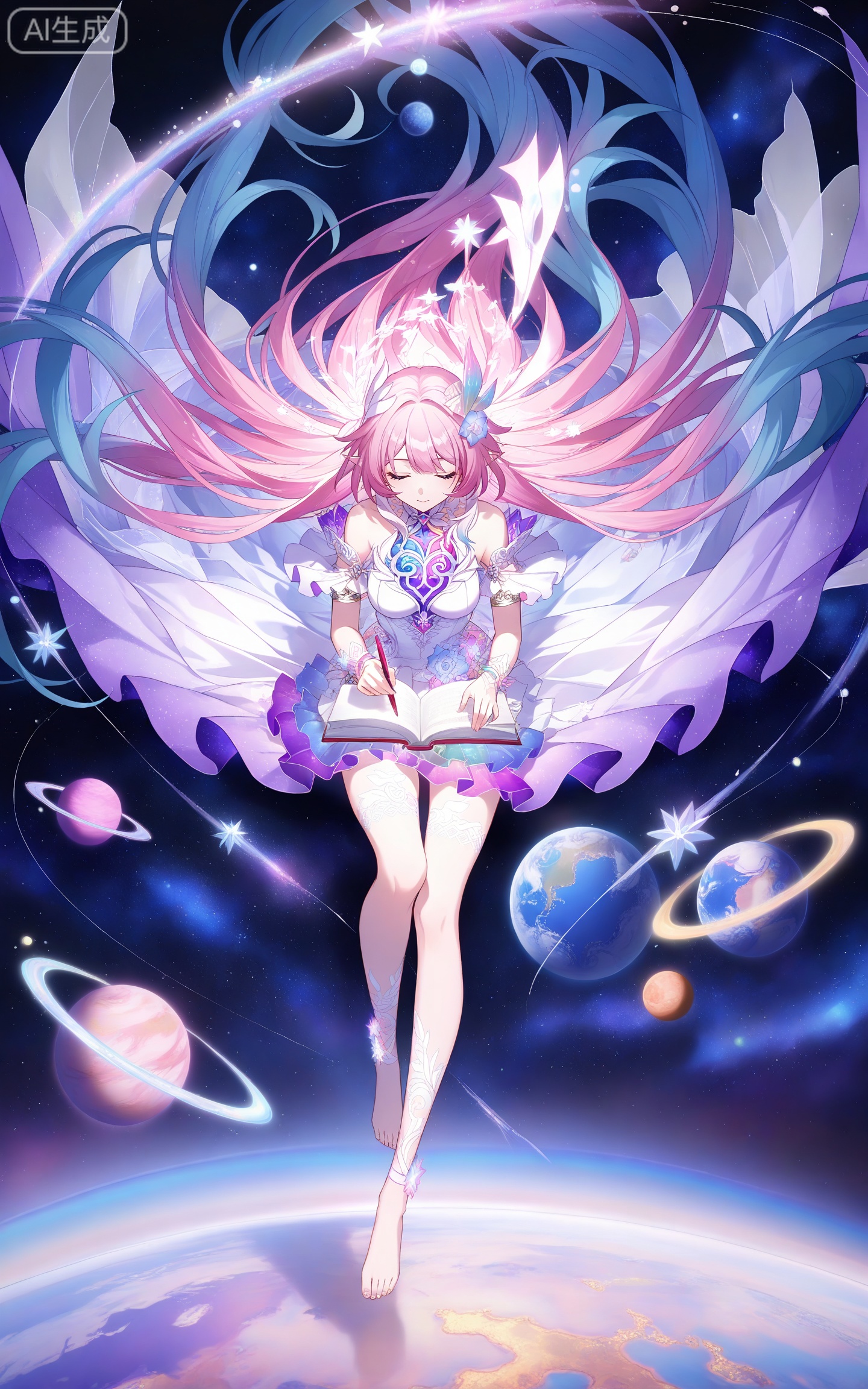 depth of field,masterpiece,best quality,very aesthetic,alternate costume,alternate costume,2024,2023,perfect composition,ultra-detailed,extreme aesthetic,masterpiece,best quality,good quality,newest,year 2024,year 2023,very aesthetic,absurdres,looking_at_viewer,colorful,
xilian multicolored eyes, pink eyes, purple eyes, xilian symbol-shaped pupils, clothes: xilian white and purple dress, xilian hair ornament, xilian hair flower, xilian high heels, xilian leg tattoo, pink hair, long hair, very long hair, pointy_ears, multicolored hair, gradual hair, blue hair, 1girl, solo, closed eyes, book, planet, sitting, bare shoulders, closed mouth, barefoot, star \(sky\), open book, sky