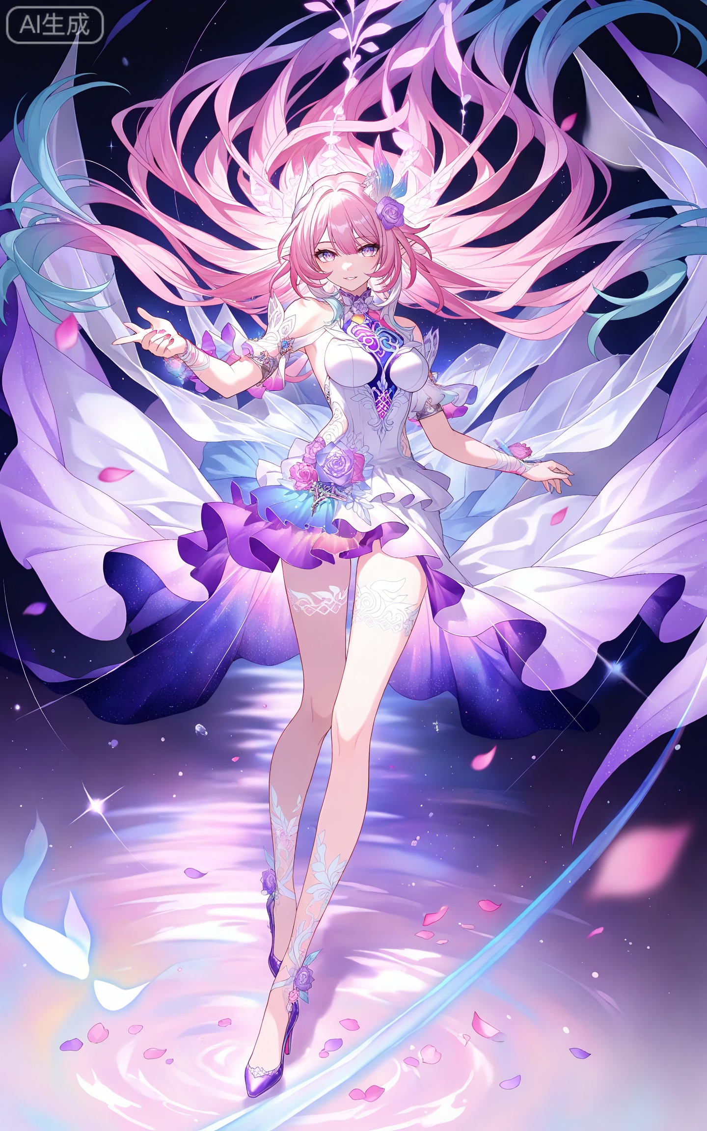 depth of field,masterpiece,best quality,very aesthetic,alternate costume,alternate costume,2024,2023,perfect composition,ultra-detailed,extreme aesthetic,masterpiece,best quality,good quality,newest,year 2024,year 2023,very aesthetic,absurdres,looking_at_viewer,colorful,
xilian multicolored eyes, pink eyes, purple eyes, xilian symbol-shaped pupils, clothes: xilian white and purple dress, xilian hair ornament, xilian hair flower, xilian high heels, xilian leg tattoo, pink hair, long hair, very long hair, pointy_ears, multicolored hair, gradual hair, blue hair, 1girl, solo, high heels, breasts, looking at viewer, full body, flower, purple flower, purple rose, smile, bare shoulders, parted lips, purple footwear, floating hair, medium breasts