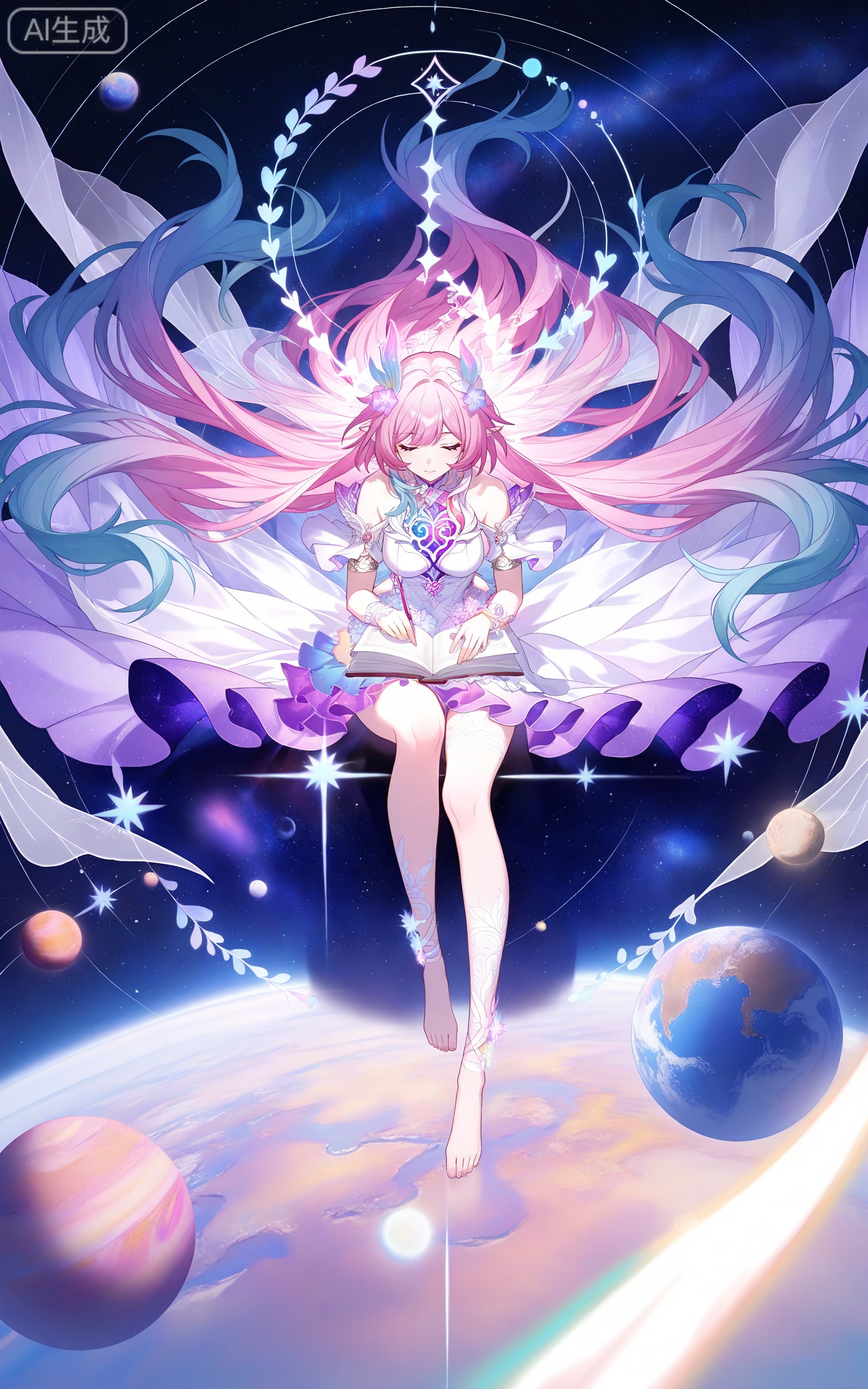 depth of field,masterpiece,best quality,very aesthetic,alternate costume,alternate costume,2024,2023,perfect composition,ultra-detailed,extreme aesthetic,masterpiece,best quality,good quality,newest,year 2024,year 2023,very aesthetic,absurdres,looking_at_viewer,colorful,
xilian multicolored eyes, pink eyes, purple eyes, xilian symbol-shaped pupils, clothes: xilian white and purple dress, xilian hair ornament, xilian hair flower, xilian high heels, xilian leg tattoo, pink hair, long hair, very long hair, pointy_ears, multicolored hair, gradual hair, blue hair, 1girl, solo, closed eyes, book, planet, sitting, bare shoulders, closed mouth, barefoot, star \(sky\), open book, sky