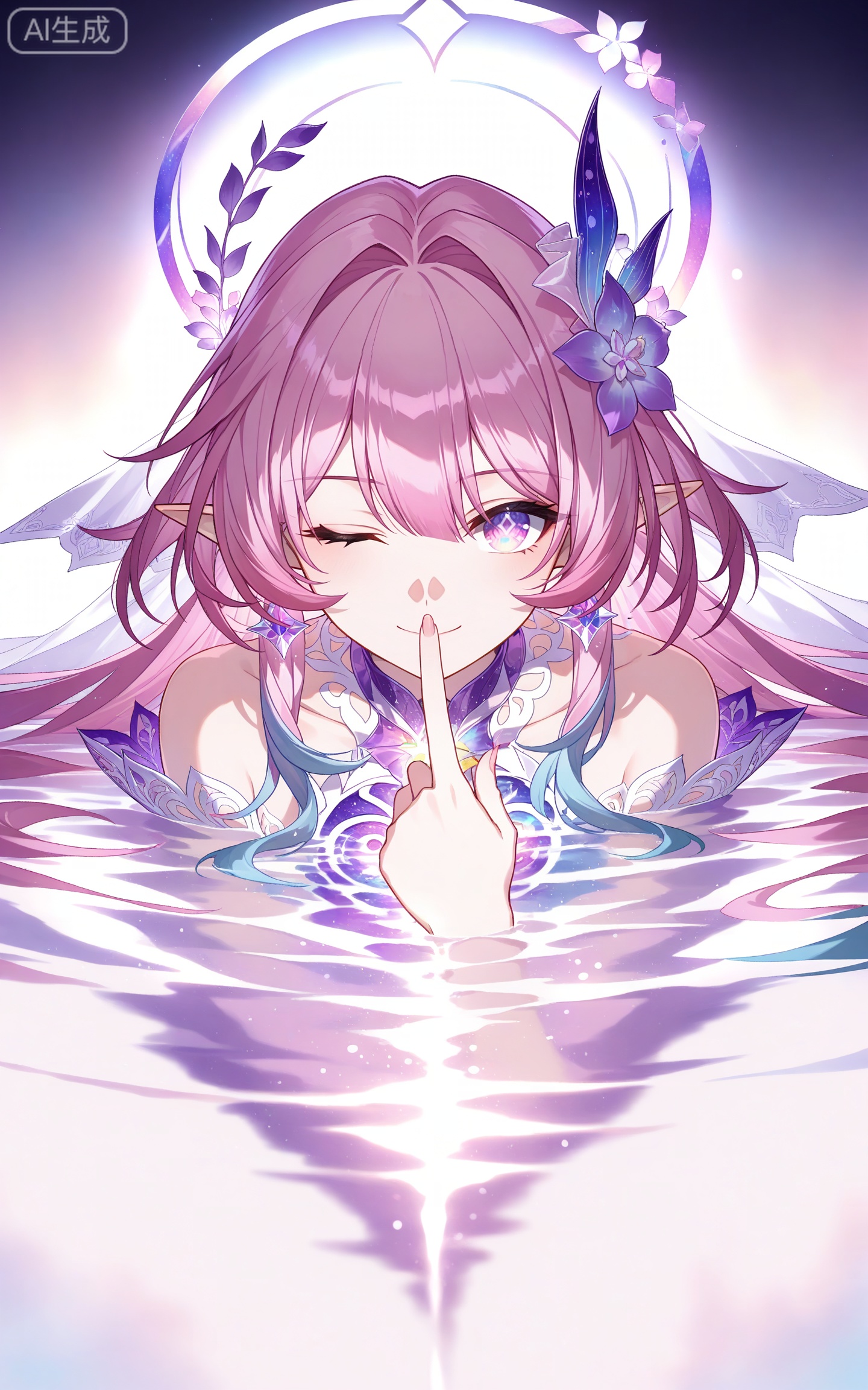 depth of field,masterpiece,best quality,very aesthetic,alternate costume,alternate costume,2024,2023,perfect composition,ultra-detailed,extreme aesthetic,masterpiece,best quality,good quality,newest,year 2024,year 2023,very aesthetic,absurdres,looking_at_viewer,colorful,
xilian multicolored eyes, pink eyes, purple eyes, xilian symbol-shaped pupils, clothes: xilian white and purple dress, xilian hair ornament, xilian hair flower, pink hair, long hair, very long hair, pointy_ears, multicolored hair, gradual hair, blue hair, 1girl, solo, flower, one eye closed, smile, looking at viewer, purple flower, water, closed mouth, index finger raised, hair intakes, partially submerged, upper body