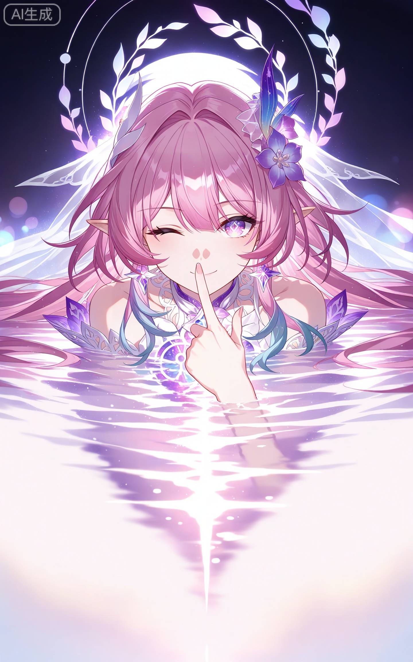 depth of field,masterpiece,best quality,very aesthetic,alternate costume,alternate costume,2024,2023,perfect composition,ultra-detailed,extreme aesthetic,masterpiece,best quality,good quality,newest,year 2024,year 2023,very aesthetic,absurdres,looking_at_viewer,colorful,
xilian multicolored eyes, pink eyes, purple eyes, xilian symbol-shaped pupils, clothes: xilian white and purple dress, xilian hair ornament, xilian hair flower, pink hair, long hair, very long hair, pointy_ears, multicolored hair, gradual hair, blue hair, 1girl, solo, flower, one eye closed, smile, looking at viewer, purple flower, water, closed mouth, index finger raised, hair intakes, partially submerged, upper body