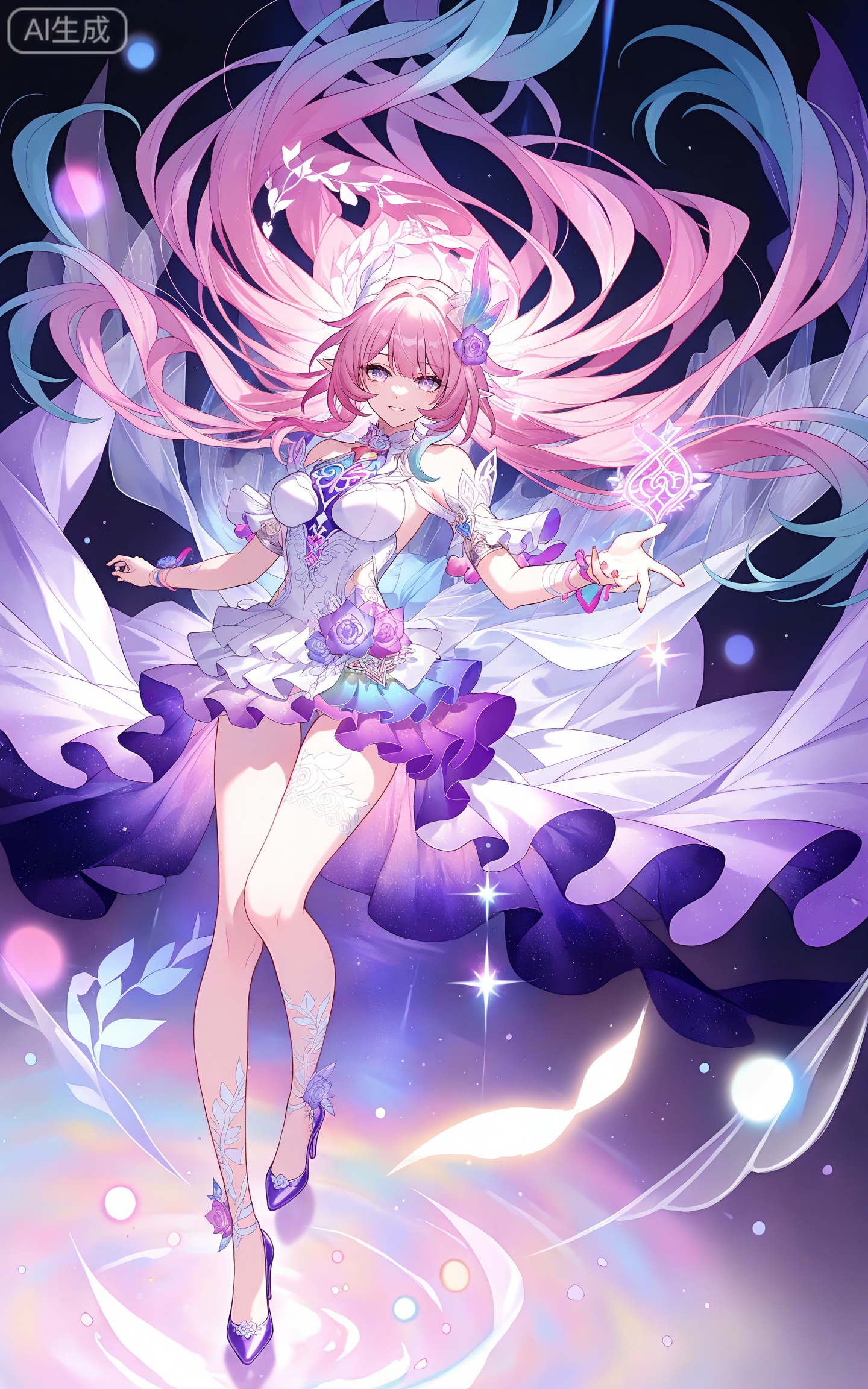 depth of field,masterpiece,best quality,very aesthetic,alternate costume,alternate costume,2024,2023,perfect composition,ultra-detailed,extreme aesthetic,masterpiece,best quality,good quality,newest,year 2024,year 2023,very aesthetic,absurdres,looking_at_viewer,colorful,
xilian multicolored eyes, pink eyes, purple eyes, xilian symbol-shaped pupils, clothes: xilian white and purple dress, xilian hair ornament, xilian hair flower, xilian high heels, xilian leg tattoo, pink hair, long hair, very long hair, pointy_ears, multicolored hair, gradual hair, blue hair, 1girl, solo, high heels, breasts, looking at viewer, full body, flower, purple flower, purple rose, smile, bare shoulders, parted lips, purple footwear, floating hair, medium breasts