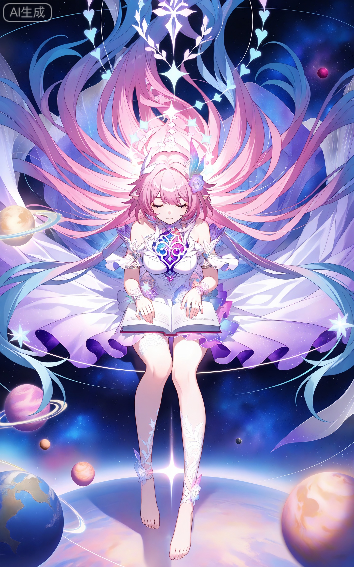 depth of field,masterpiece,best quality,very aesthetic,alternate costume,alternate costume,2024,2023,perfect composition,ultra-detailed,extreme aesthetic,masterpiece,best quality,good quality,newest,year 2024,year 2023,very aesthetic,absurdres,looking_at_viewer,colorful,
xilian multicolored eyes, pink eyes, purple eyes, xilian symbol-shaped pupils, clothes: xilian white and purple dress, xilian hair ornament, xilian hair flower, xilian high heels, xilian leg tattoo, pink hair, long hair, very long hair, pointy_ears, multicolored hair, gradual hair, blue hair, 1girl, solo, closed eyes, book, planet, sitting, bare shoulders, closed mouth, barefoot, star \(sky\), open book, sky