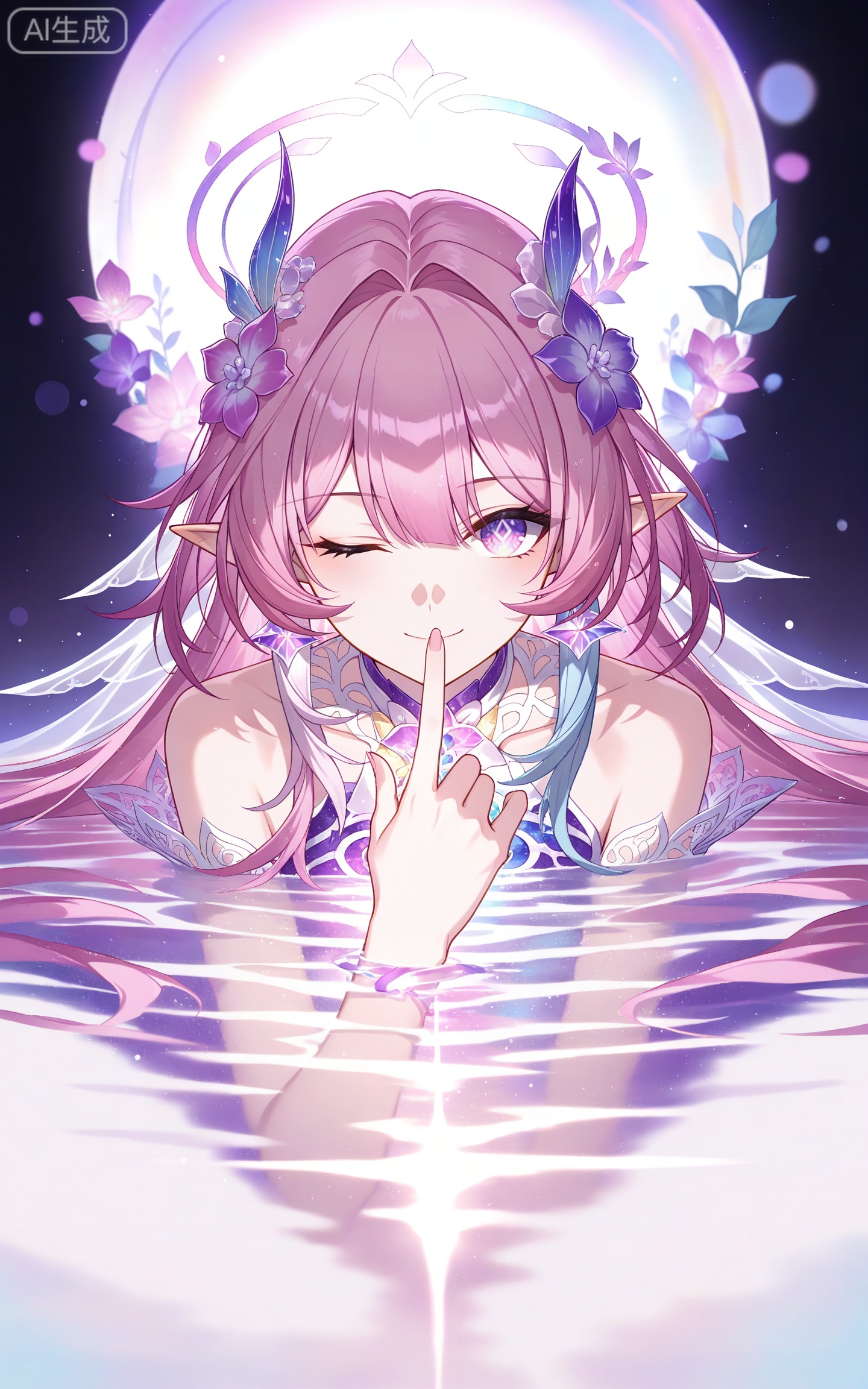 depth of field,masterpiece,best quality,very aesthetic,alternate costume,alternate costume,2024,2023,perfect composition,ultra-detailed,extreme aesthetic,masterpiece,best quality,good quality,newest,year 2024,year 2023,very aesthetic,absurdres,looking_at_viewer,colorful,
xilian multicolored eyes, pink eyes, purple eyes, xilian symbol-shaped pupils, clothes: xilian white and purple dress, xilian hair ornament, xilian hair flower, pink hair, long hair, very long hair, pointy_ears, multicolored hair, gradual hair, blue hair, 1girl, solo, flower, one eye closed, smile, looking at viewer, purple flower, water, closed mouth, index finger raised, hair intakes, partially submerged, upper body