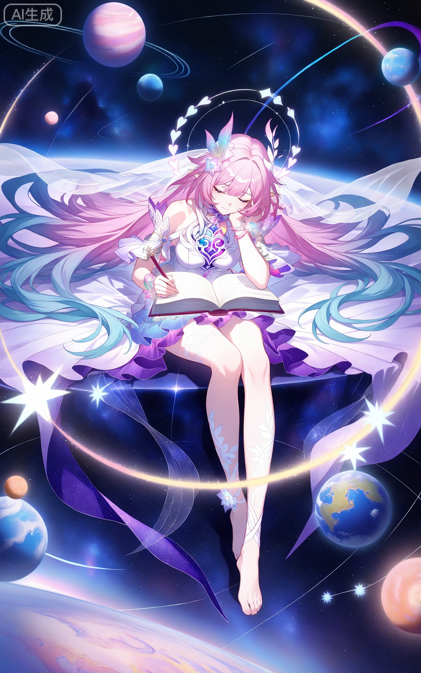 depth of field,masterpiece,best quality,very aesthetic,alternate costume,alternate costume,2024,2023,perfect composition,ultra-detailed,extreme aesthetic,masterpiece,best quality,good quality,newest,year 2024,year 2023,very aesthetic,absurdres,looking_at_viewer,colorful,
xilian multicolored eyes, pink eyes, purple eyes, xilian symbol-shaped pupils, clothes: xilian white and purple dress, xilian hair ornament, xilian hair flower, xilian high heels, xilian leg tattoo, pink hair, long hair, very long hair, pointy_ears, multicolored hair, gradual hair, blue hair, 1girl, solo, closed eyes, book, planet, sitting, bare shoulders, closed mouth, barefoot, star \(sky\), open book, sky