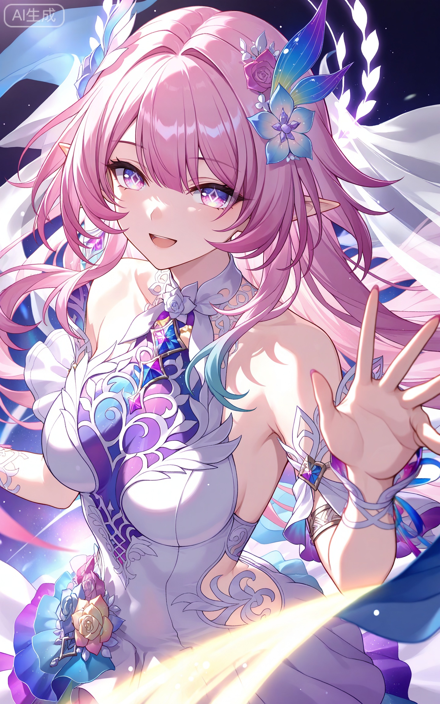 depth of field,masterpiece,best quality,very aesthetic,alternate costume,alternate costume,2024,2023,perfect composition,ultra-detailed,extreme aesthetic,masterpiece,best quality,good quality,newest,year 2024,year 2023,very aesthetic,absurdres,looking_at_viewer,colorful,
xilian multicolored eyes, pink eyes, purple eyes, xilian symbol-shaped pupils, clothes: xilian white and purple dress, xilian hair ornament, xilian hair flower, pink hair, long hair, very long hair, pointy_ears, multicolored hair, gradual hair, blue hair, 1girl, solo, smile, breasts, looking at viewer, open mouth, dress, upper body, :d