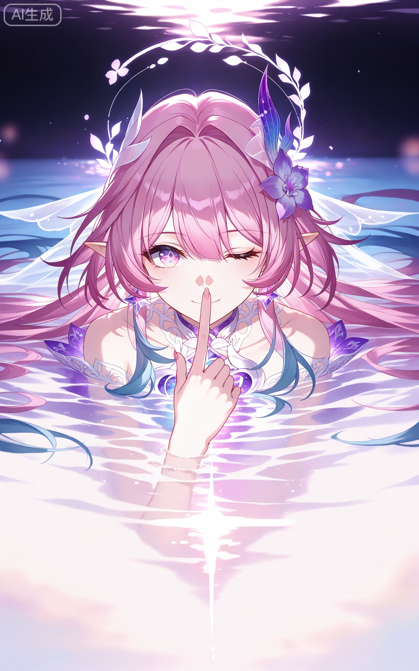 depth of field,masterpiece,best quality,very aesthetic,alternate costume,alternate costume,2024,2023,perfect composition,ultra-detailed,extreme aesthetic,masterpiece,best quality,good quality,newest,year 2024,year 2023,very aesthetic,absurdres,looking_at_viewer,colorful,
xilian multicolored eyes, pink eyes, purple eyes, xilian symbol-shaped pupils, clothes: xilian white and purple dress, xilian hair ornament, xilian hair flower, pink hair, long hair, very long hair, pointy_ears, multicolored hair, gradual hair, blue hair, 1girl, solo, flower, one eye closed, smile, looking at viewer, purple flower, water, closed mouth, index finger raised, hair intakes, partially submerged, upper body