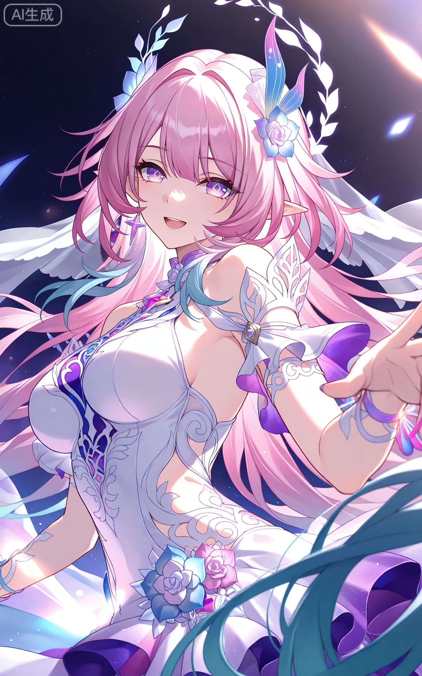 depth of field,masterpiece,best quality,very aesthetic,alternate costume,alternate costume,2024,2023,perfect composition,ultra-detailed,extreme aesthetic,masterpiece,best quality,good quality,newest,year 2024,year 2023,very aesthetic,absurdres,looking_at_viewer,colorful,
xilian multicolored eyes, pink eyes, purple eyes, xilian symbol-shaped pupils, clothes: xilian white and purple dress, xilian hair ornament, xilian hair flower, pink hair, long hair, very long hair, pointy_ears, multicolored hair, gradual hair, blue hair, 1girl, solo, smile, breasts, looking at viewer, open mouth, dress, upper body, :d