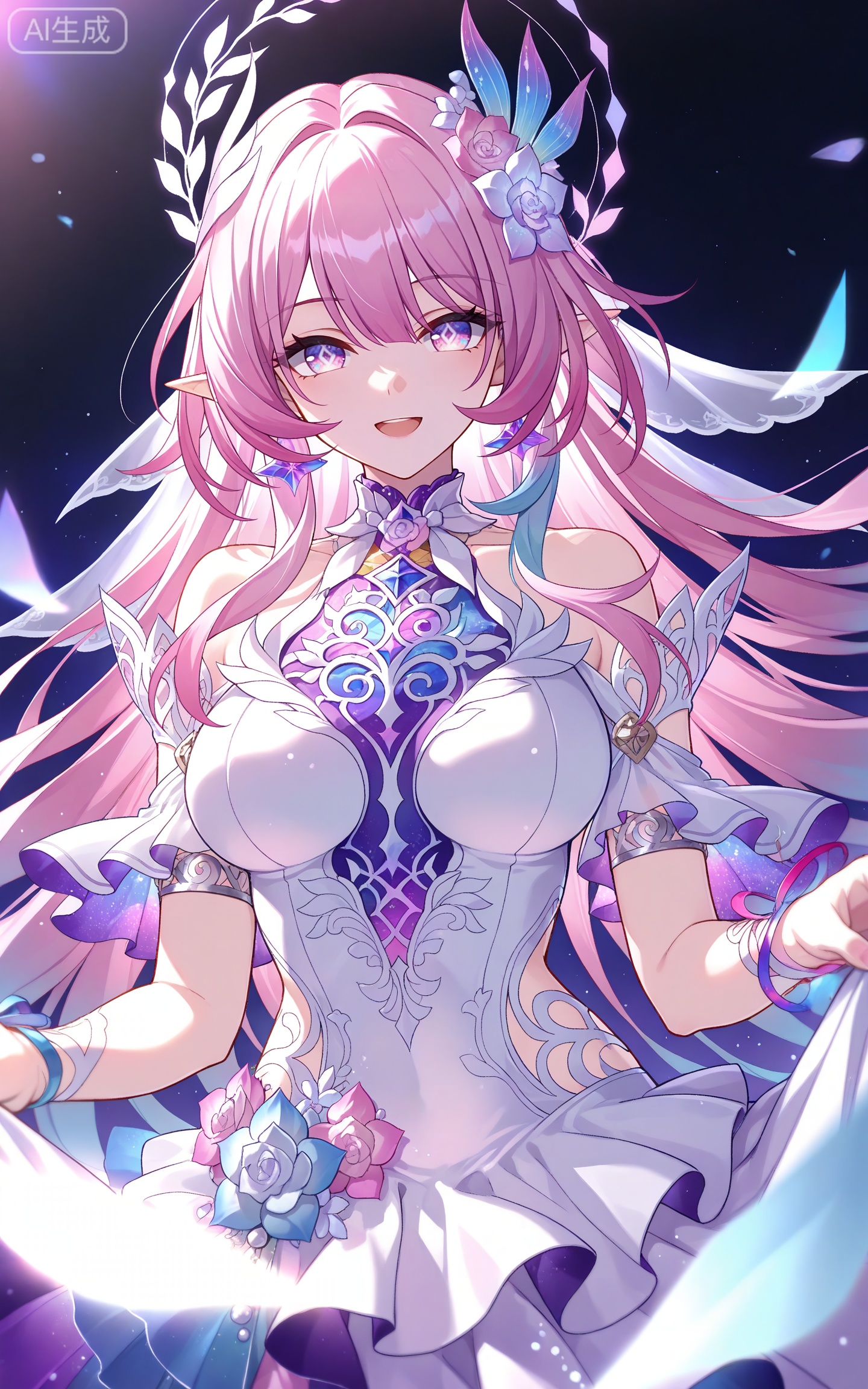 depth of field,masterpiece,best quality,very aesthetic,alternate costume,alternate costume,2024,2023,perfect composition,ultra-detailed,extreme aesthetic,masterpiece,best quality,good quality,newest,year 2024,year 2023,very aesthetic,absurdres,looking_at_viewer,colorful,
xilian multicolored eyes, pink eyes, purple eyes, xilian symbol-shaped pupils, clothes: xilian white and purple dress, xilian hair ornament, xilian hair flower, pink hair, long hair, very long hair, pointy_ears, multicolored hair, gradual hair, blue hair, 1girl, solo, smile, breasts, looking at viewer, open mouth, dress, upper body, :d