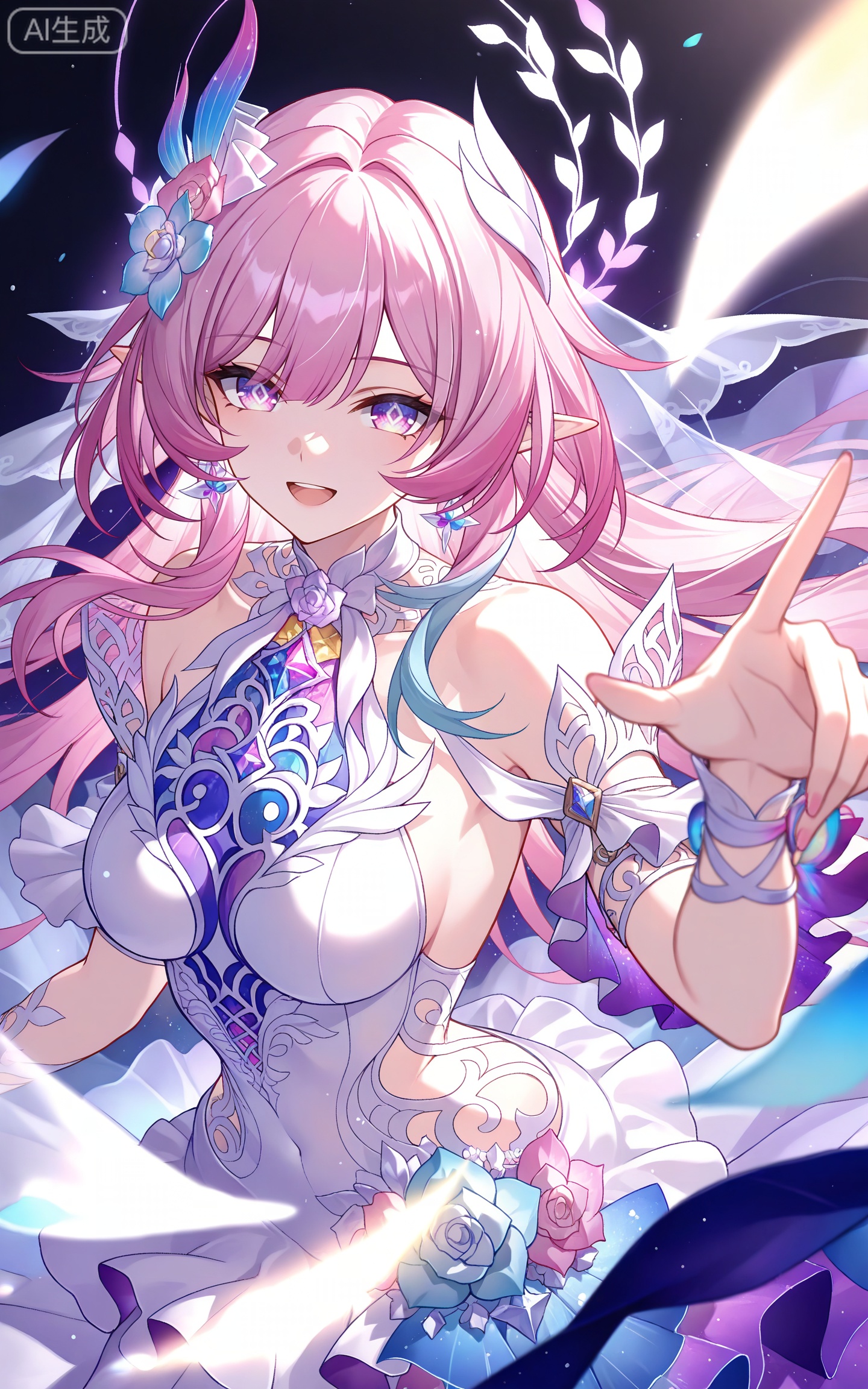 depth of field,masterpiece,best quality,very aesthetic,alternate costume,alternate costume,2024,2023,perfect composition,ultra-detailed,extreme aesthetic,masterpiece,best quality,good quality,newest,year 2024,year 2023,very aesthetic,absurdres,looking_at_viewer,colorful,
xilian multicolored eyes, pink eyes, purple eyes, xilian symbol-shaped pupils, clothes: xilian white and purple dress, xilian hair ornament, xilian hair flower, pink hair, long hair, very long hair, pointy_ears, multicolored hair, gradual hair, blue hair, 1girl, solo, smile, breasts, looking at viewer, open mouth, dress, upper body, :d