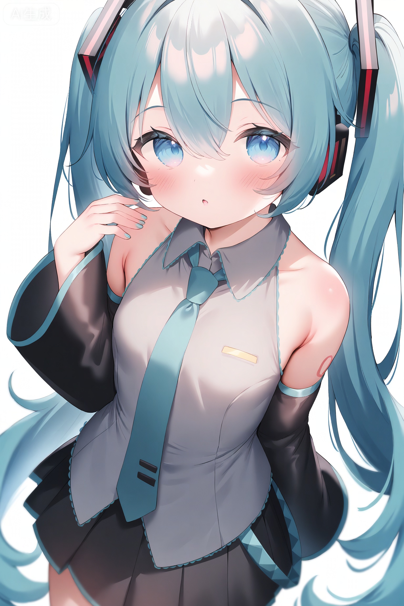 masterpiece, best quality, highly detailed,1girl,solo,hatsune miku,twintails,long hair,skirt,necktie,detached sleeves,white background,blue eyes,shirt,very long hair,pleated skirt,blush,sleeveless,hair between eyes,black skirt,sleeveless shirt,bangs,looking at viewer,collared shirt,simple background,bare shoulders,long sleeves,parted lips,sleeves past wrists,hair ornament,nail polish,grey shirt,black sleeves,hand up,aqua hair,:o,wide sleeves,aqua necktie,loli,petite