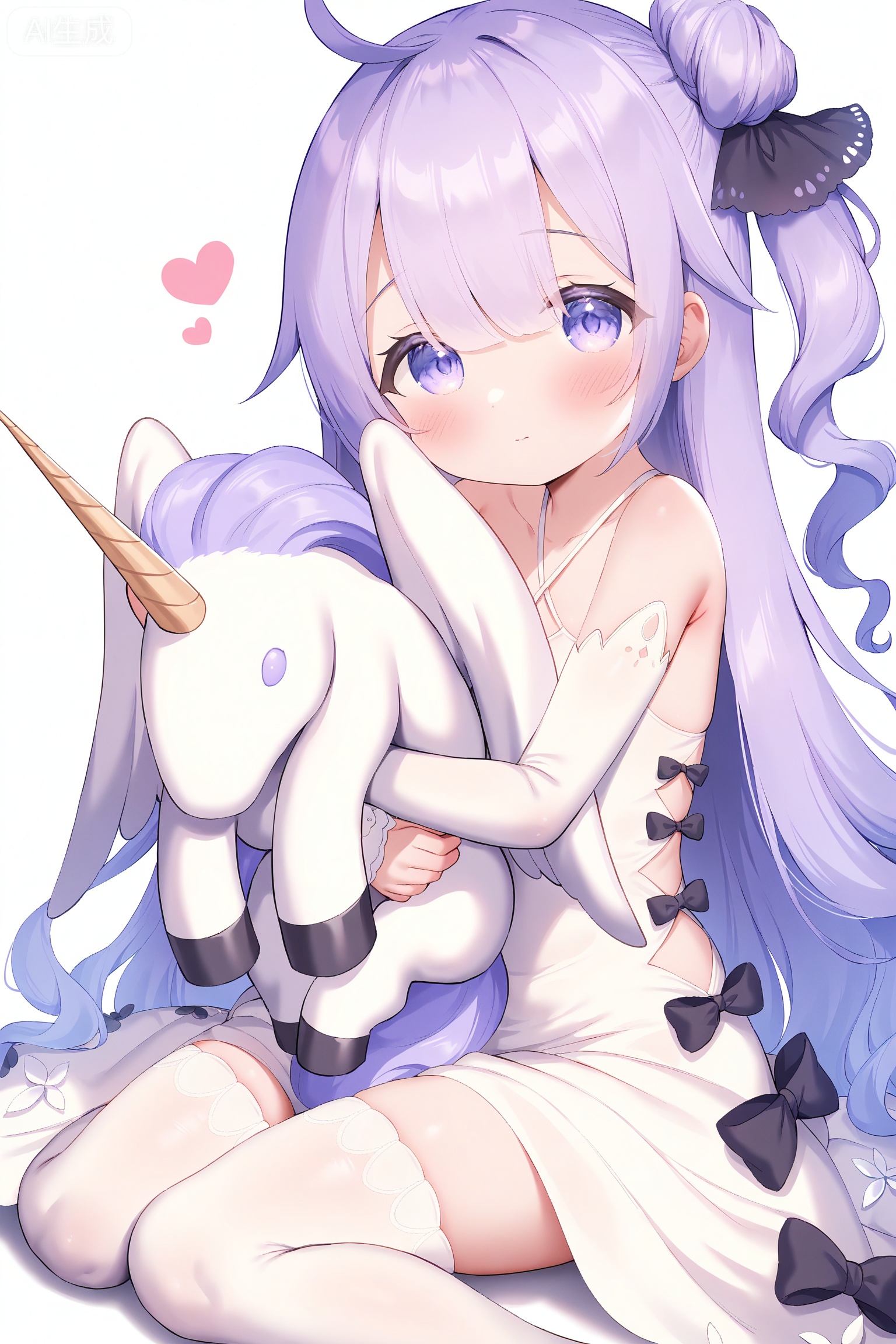 masterpiece, best quality, highly detailed,1girl, solo, unicorn \(azur lane\), long hair, dress, purple hair, white dress, object hug, white background, detached sleeves, stuffed toy, stuffed winged unicorn, purple eyes, one side up, stuffed animal, blush, ribbon, looking at viewer, single hair bun, hair bun, simple background, hair ribbon, single side bun, bare shoulders, sitting, bangs, ahoge, black bow, black ribbon, long sleeves, white thighhighs, bow, thighhighs, very long hair, sleeves past wrists, closed mouth, hair between eyes, heart,loli,petite