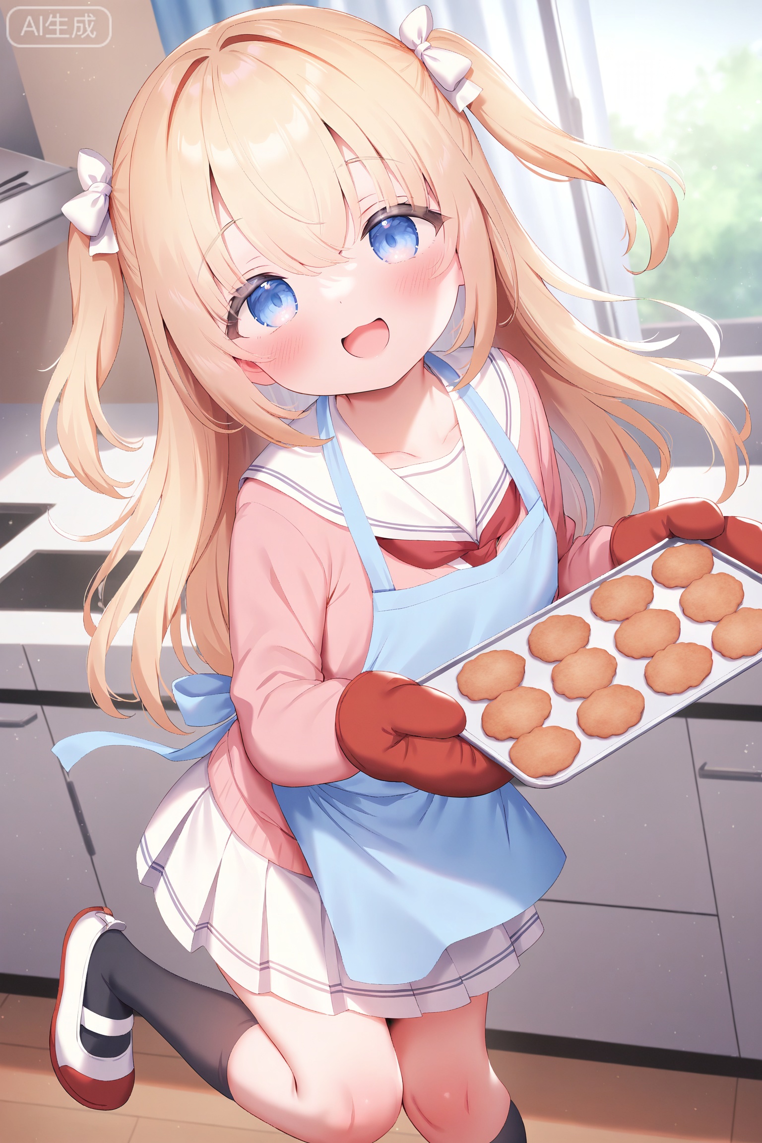 masterpiece, best quality, highly detailed,apron, 1girl, pleated skirt, solo, smile, black socks, hair between eyes, skirt, :d, bow, hair bow, long hair, window, white bow, blush, indoors, bangs, pink sweater, socks, blue eyes, school uniform, white footwear, shoes, oven mitts, sweater, sailor collar, open mouth, white skirt, two side up, looking at viewer, cookie, serafuku, long sleeves, curtains, food, kneehighs, standing, standing on one leg, holding, blue apron, blonde hair, uwabaki, day, white sailor collar, shirt,loli,petite,
