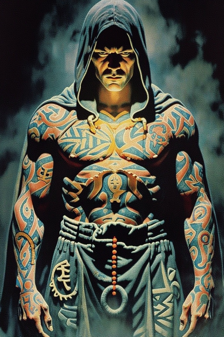 [vintage illustration of] The image depicts a person with a heavily tattooed torso,  wearing a dark hoodie. The tattoos co...