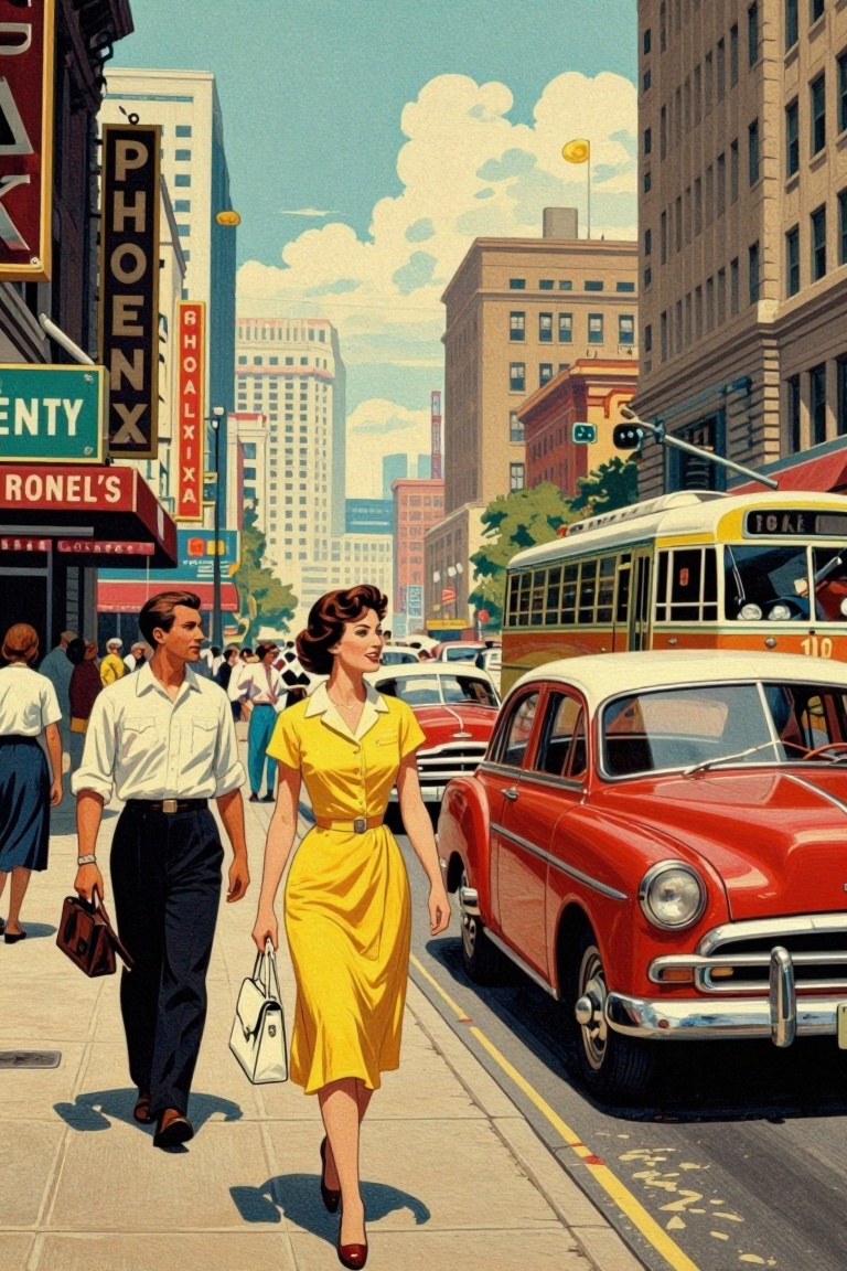 [vintage illustration of] The image depicts a bustling urban street scene,  likely from the mid-20th century,  with a vibr...