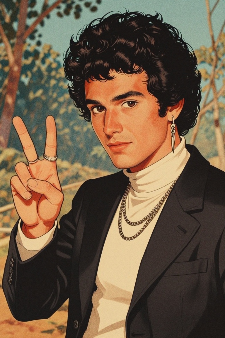[vintage illustration of] The image shows a man with curly black hair wearing a black blazer over a beige turtleneck sweat...