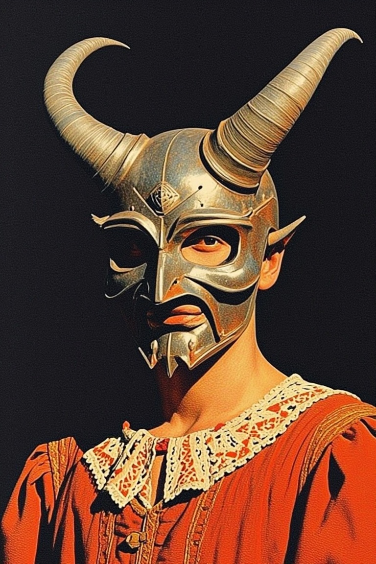 [vintage illustration of] The image depicts a person wearing a metallic mask with two large,  curved horns protruding from...