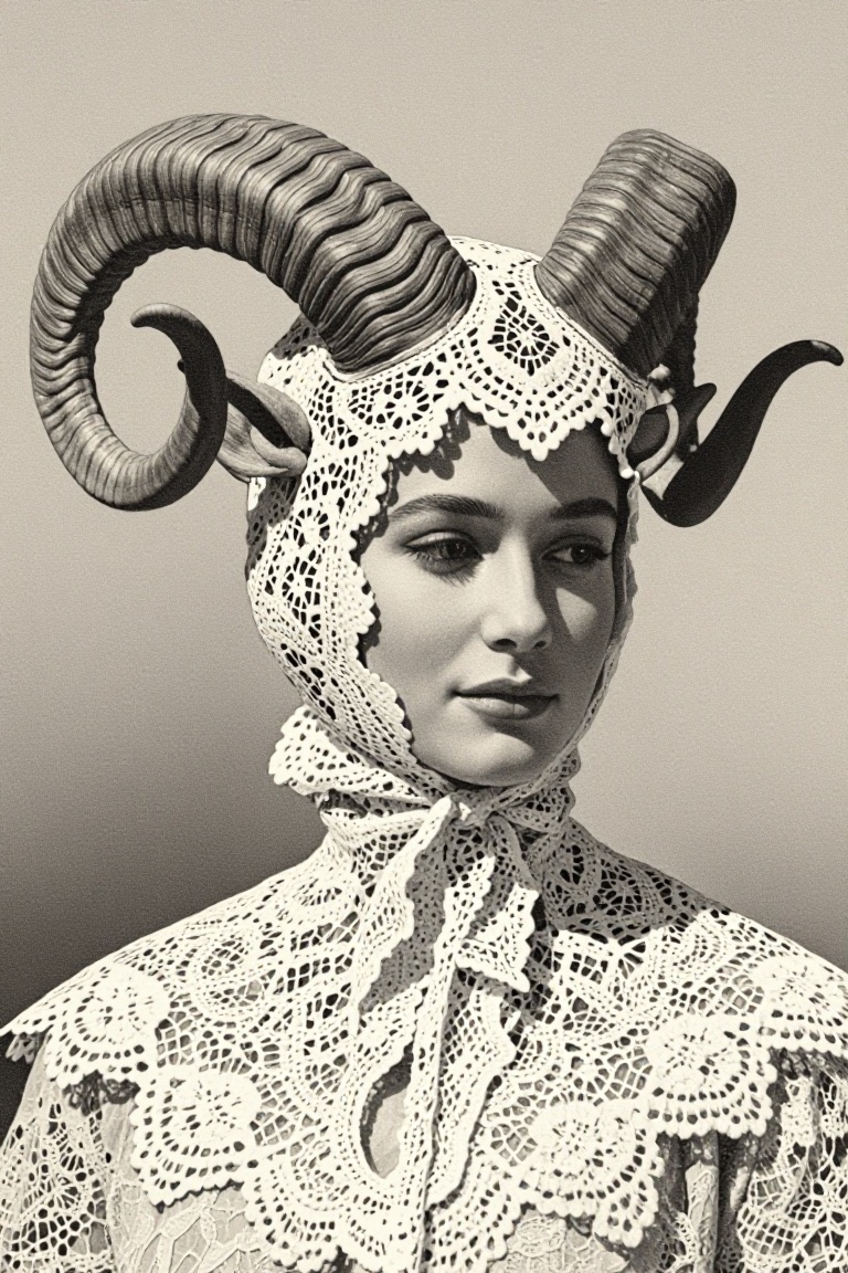 [vintage illustration of] The image depicts a person adorned in intricate,  lace-like clothing. The individual is wearing...