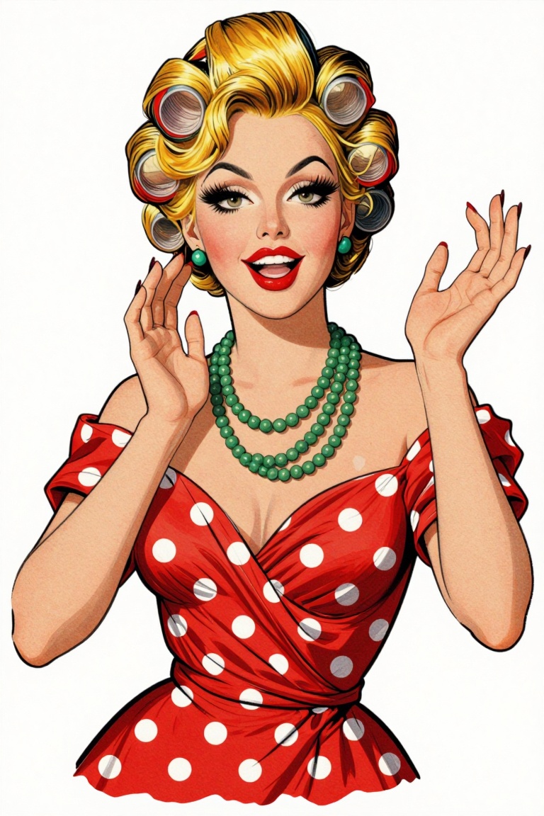 [vintage illustration of] The image depicts a stylized illustration of a woman with blonde hair styled in large,  round ro...