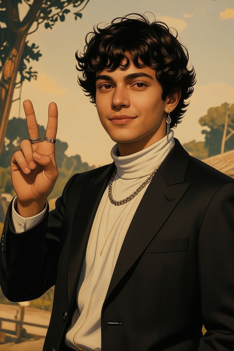 [vintage illustration of] The image shows a man with curly black hair wearing a black blazer over a beige turtleneck sweat...