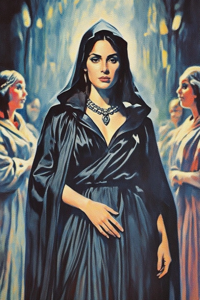 [vintage illustration of] The image depicts a woman dressed in a black,  flowing garment with a hood,  suggesting a histor...
