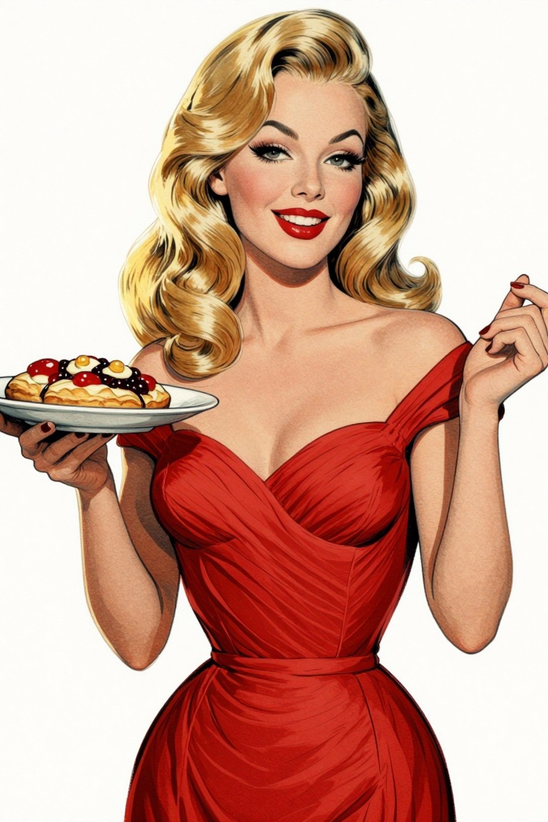 [vintage illustration of] The image depicts a woman with long,  blonde hair styled in soft waves. She is wearing a form-fi...