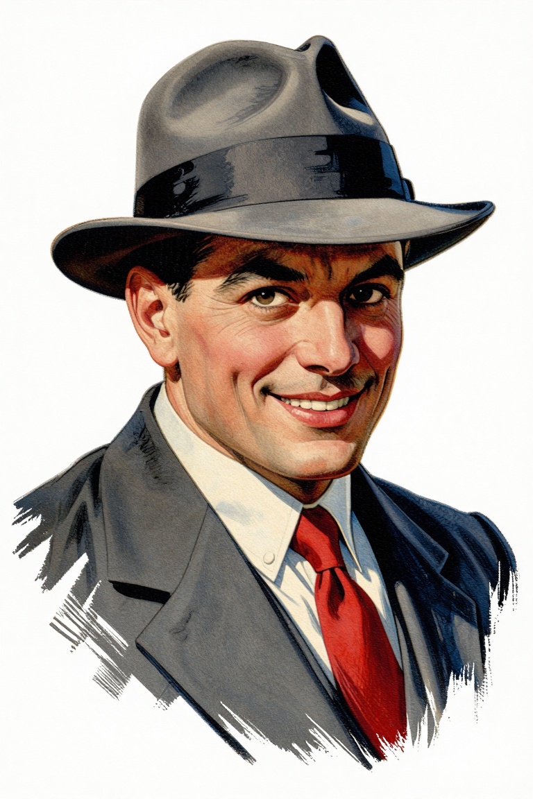 [vintage illustration of] The image depicts a man wearing a gray fedora hat and a suit with a white shirt and a red tie. T...