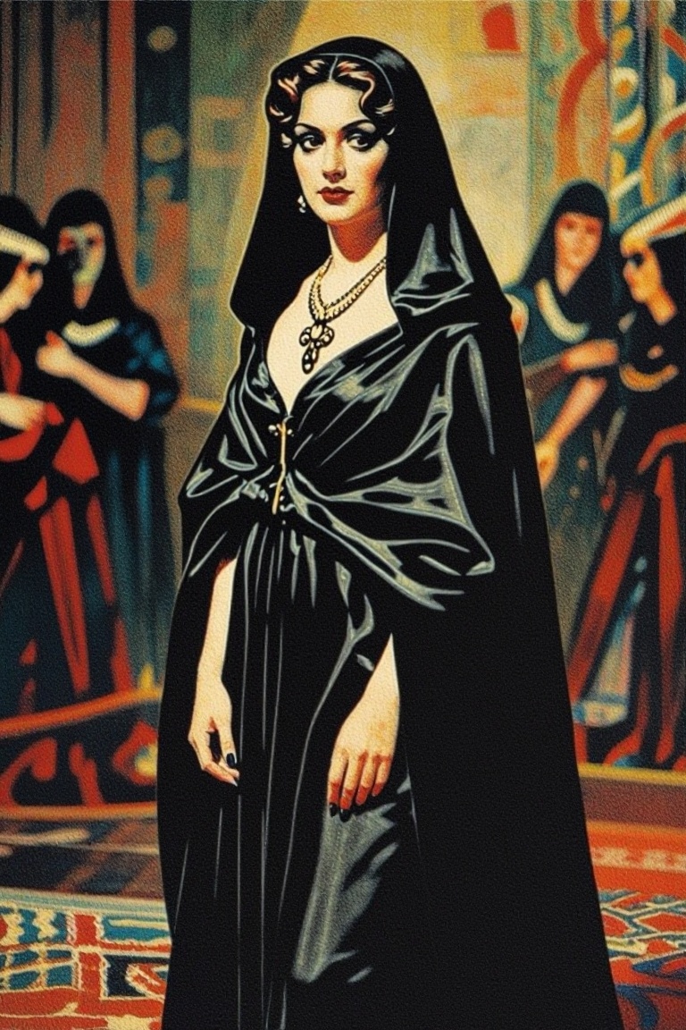[vintage illustration of] The image depicts a woman dressed in a black,  flowing garment with a hood,  suggesting a histor...