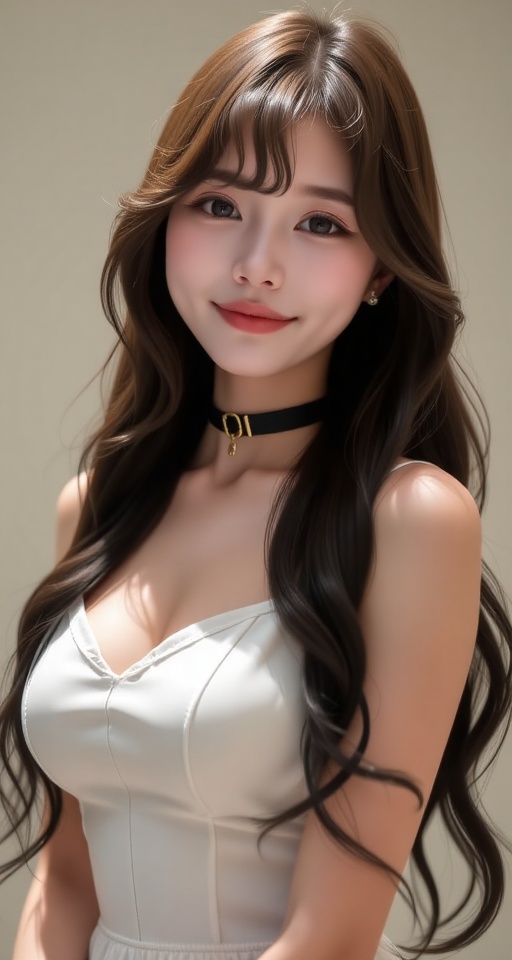 This is a high-quality photograph of a 1girl solo long hair breasts looking at viewer smile bangs brown hair black hair dr...