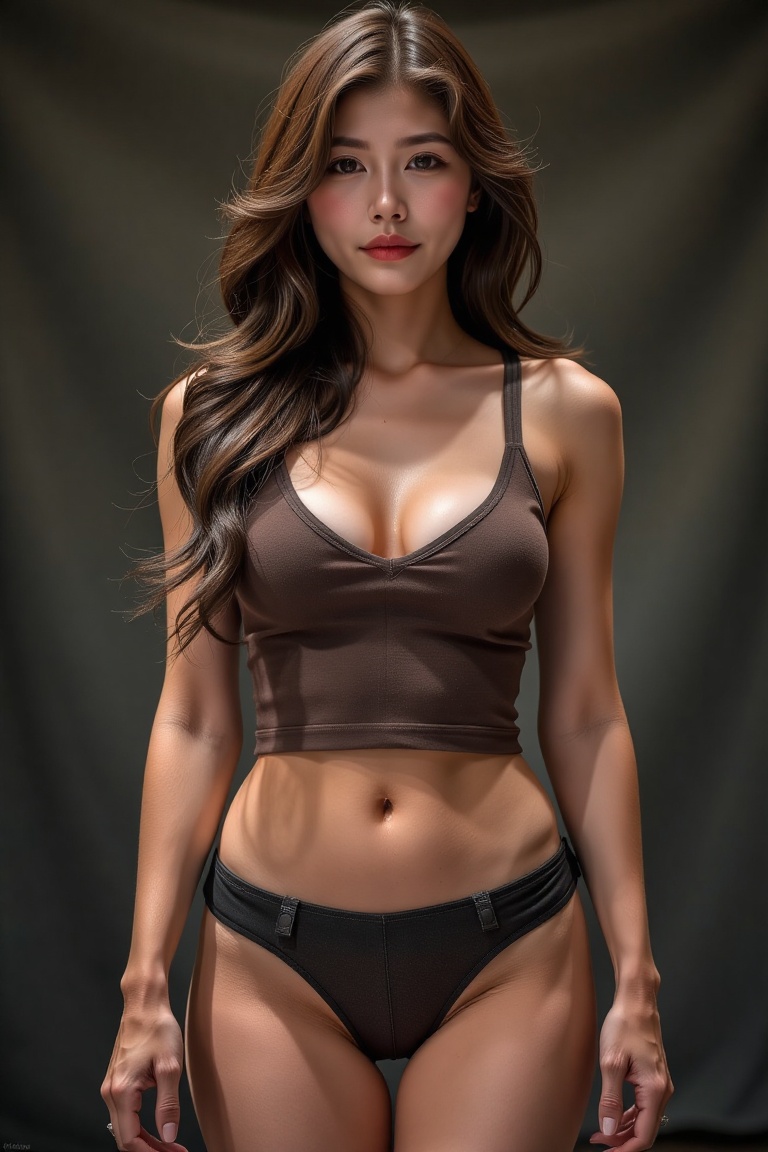 Create a realistic portrait of a woman with long,  wavy brown hair,  wearing a **** top. Her low-cut top reveals a deep V-...