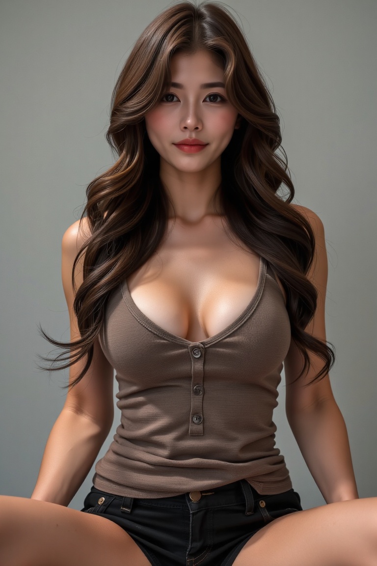 Create a realistic portrait of a woman with long,  wavy brown hair,  wearing a **** top. Her low-cut top reveals a deep V-...